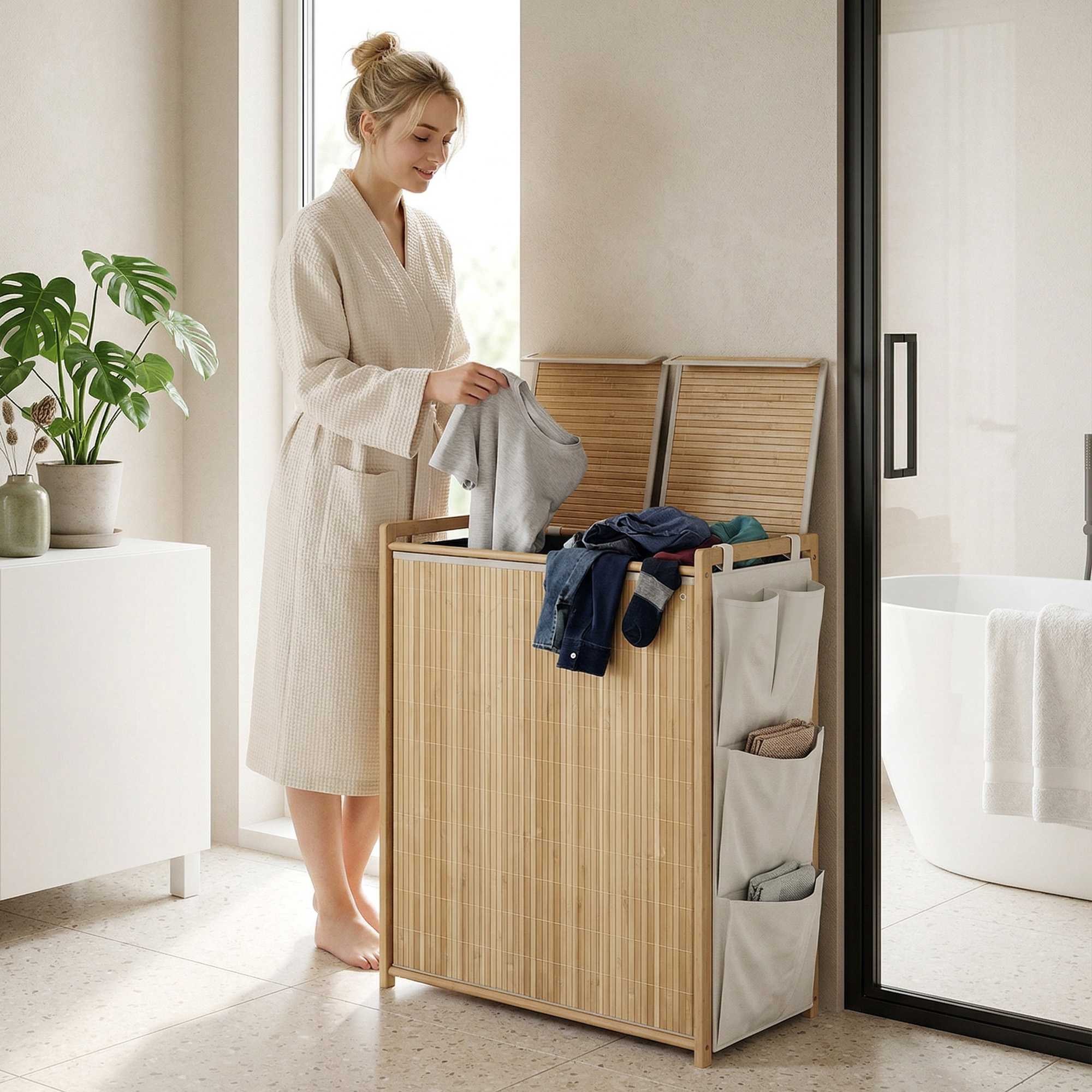 120L tvättkorg i bambu med lock och sidofickor