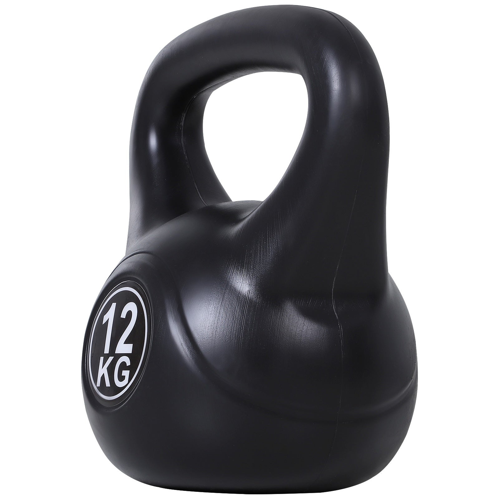 12 kg sandfylld kettlebell, svart, plast, nybörjarvänlig