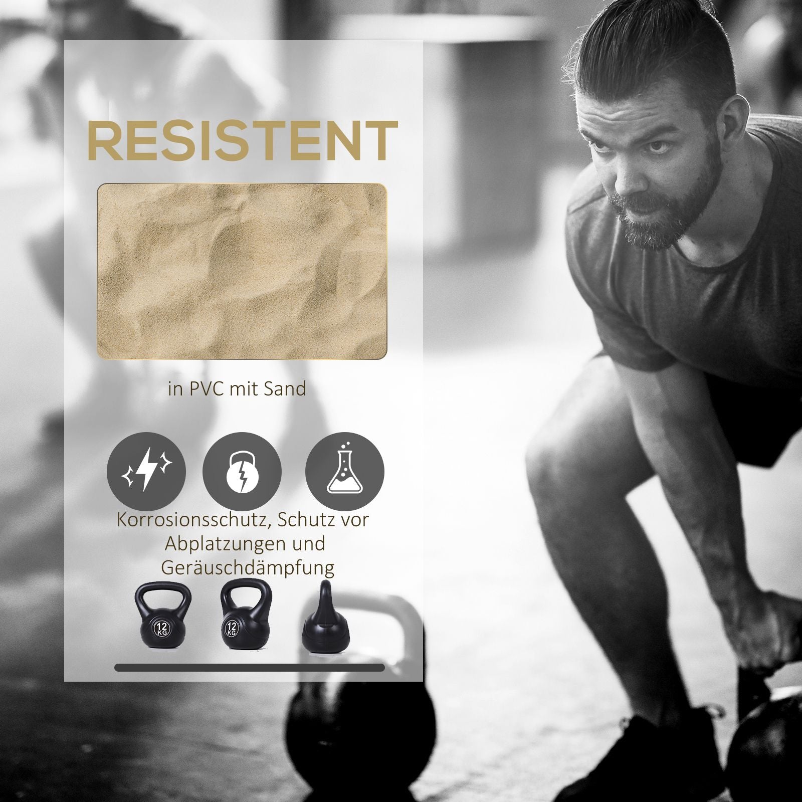 12 kg sandfylld kettlebell, svart, plast, nybörjarvänlig