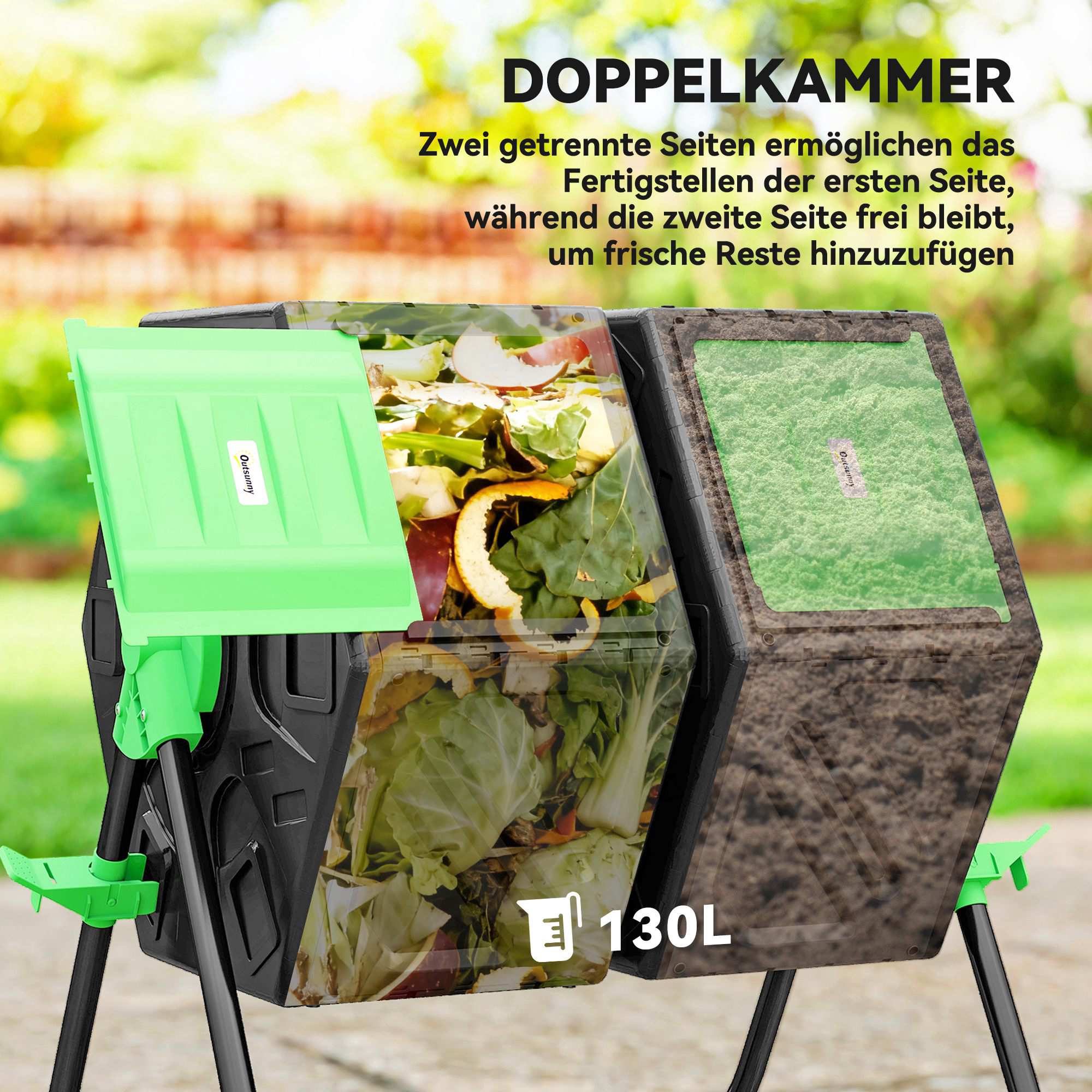 130L kompostbehållare med dubbla kammare och 24 ventilationshål