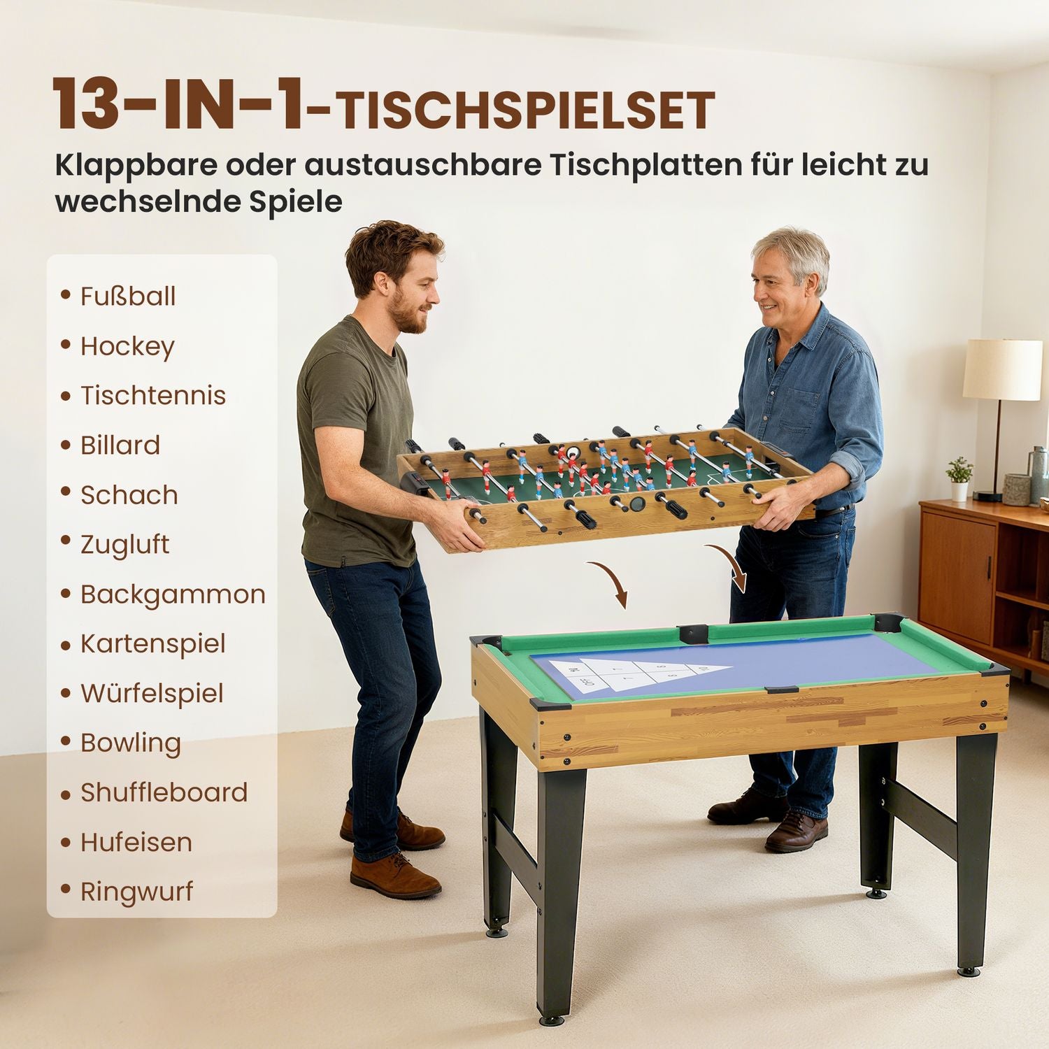 13-i-1-spelbord, fotboll, schack, biljard, MDF