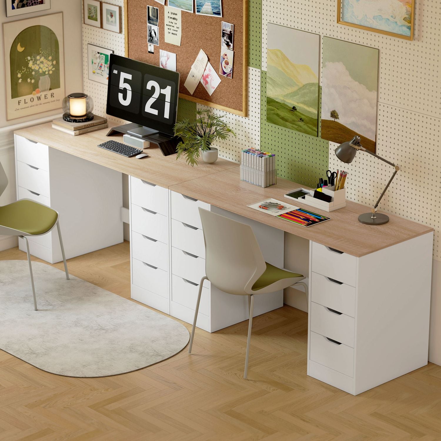 140 cm datorbord, 8 lådor, stål och trä, vit