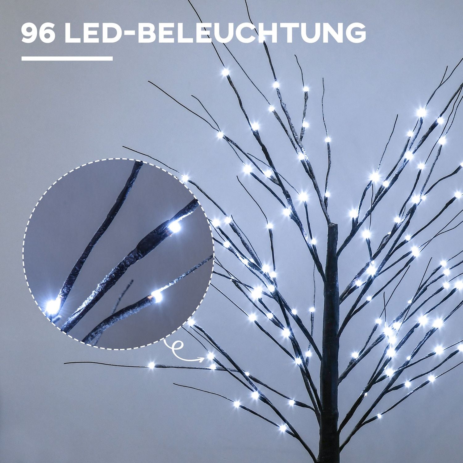Konstgjord björk, 150 cm – LED-ljus & snö