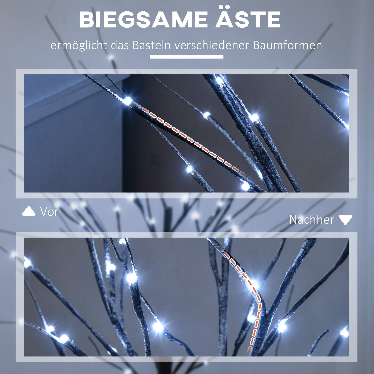 Konstgjord björk, 150 cm – LED-ljus & snö