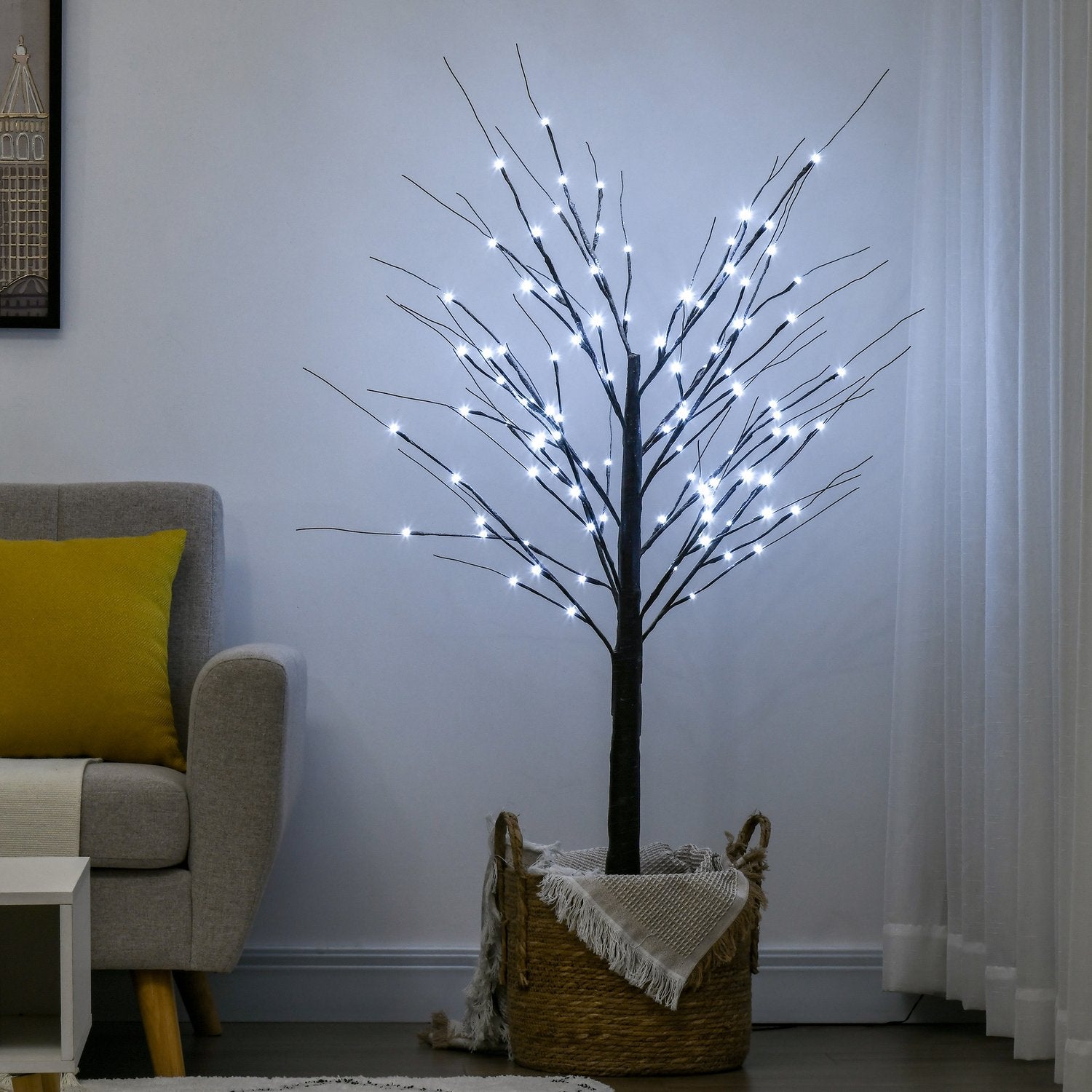 Konstgjord björk, 150 cm – LED-ljus & snö
