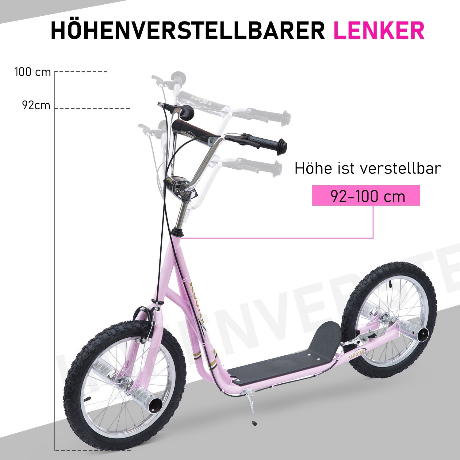 16-tums rosa skoter för barn med pneumatiska däck