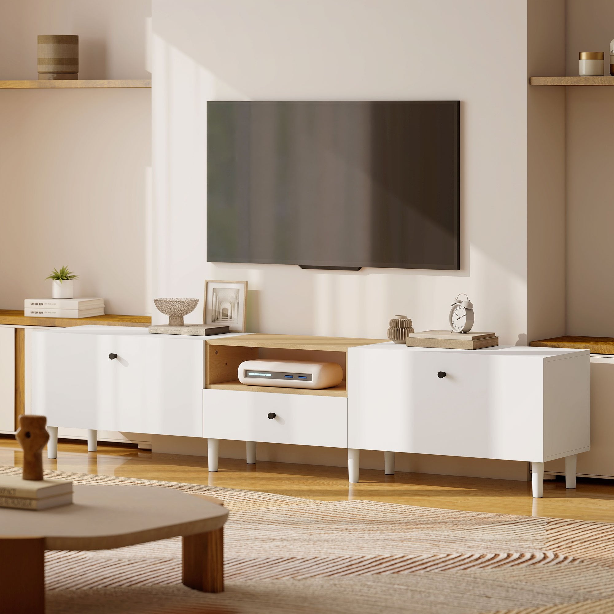 200 cm TV-stativ för 90-tums TV, 2 dörrar, låda, vit