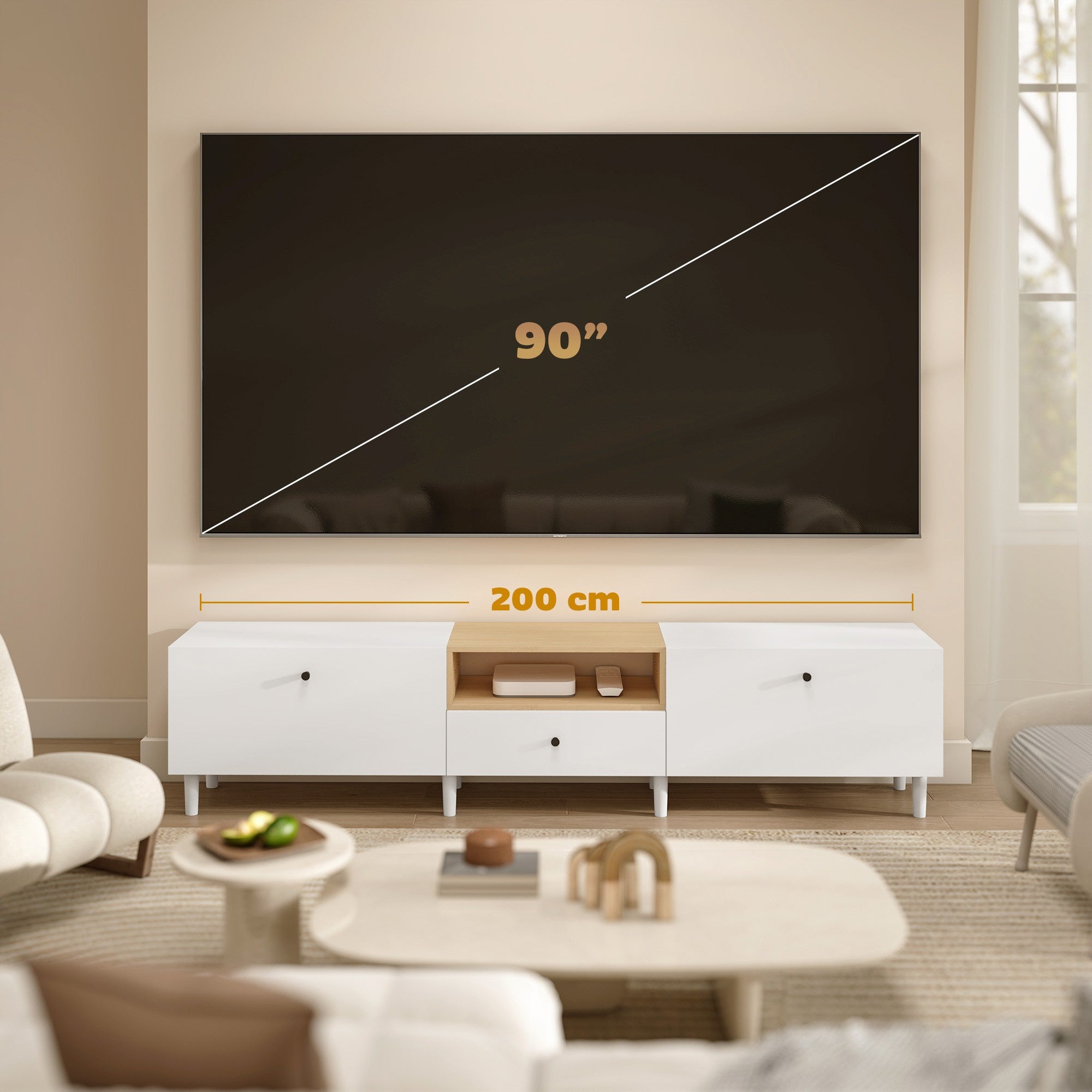 200 cm TV-stativ för 90-tums TV, 2 dörrar, låda, vit