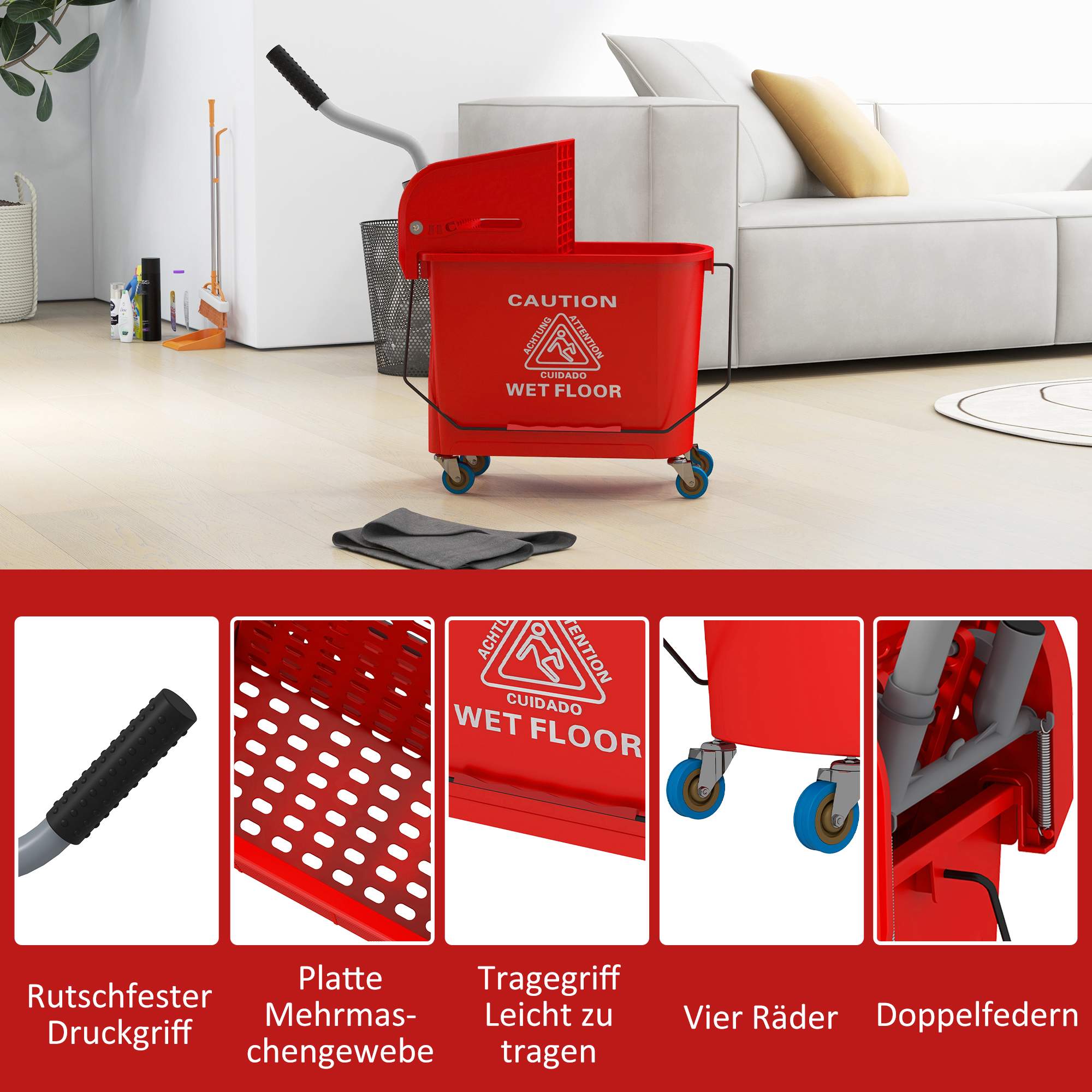 20L mopphink med vrider, hjul, röd plast