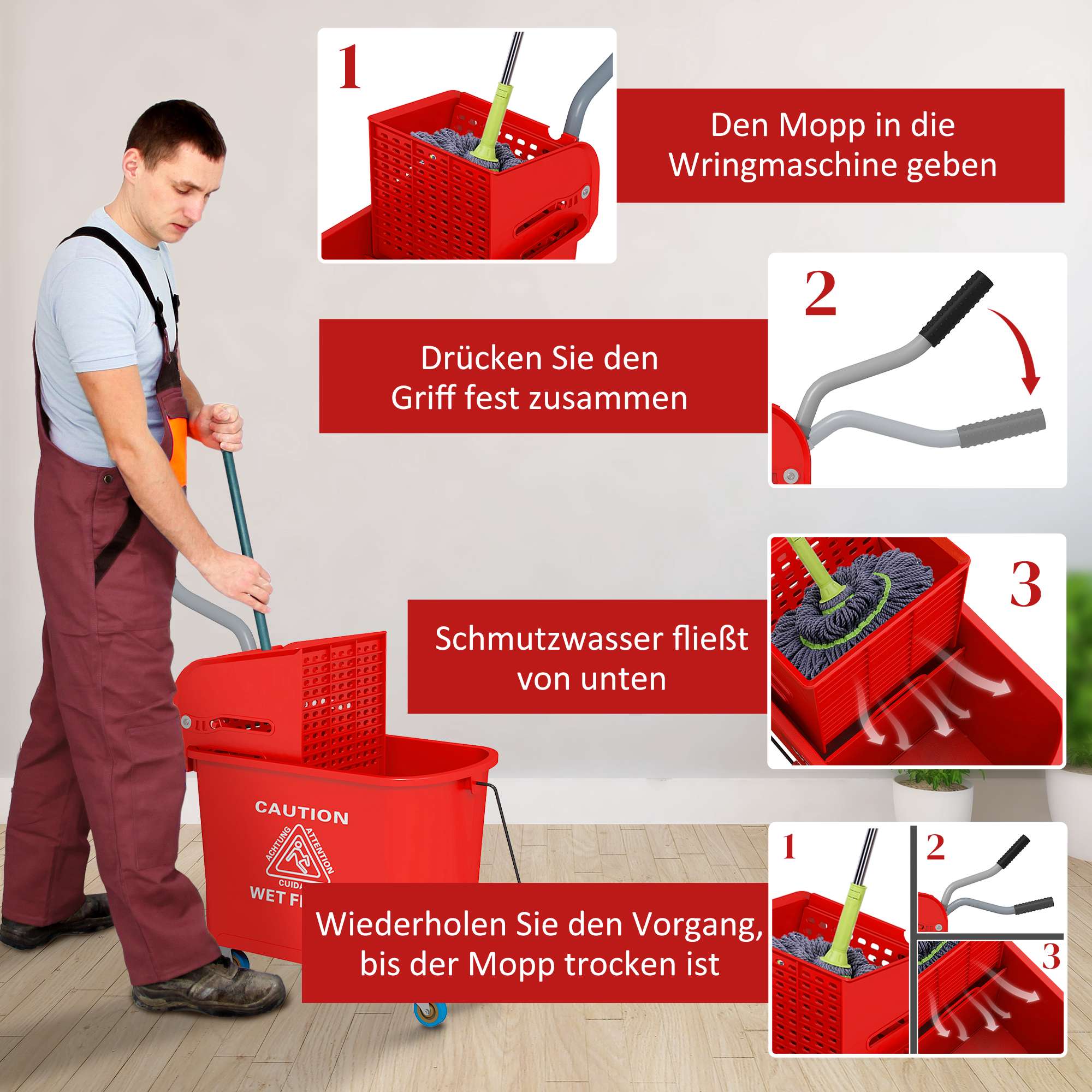 20L mopphink med vrider, hjul, röd plast