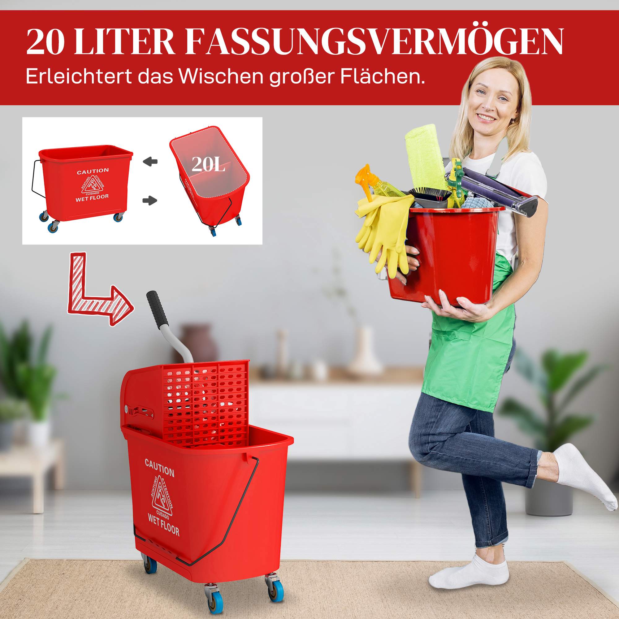 20L mopphink med vrider, hjul, röd plast