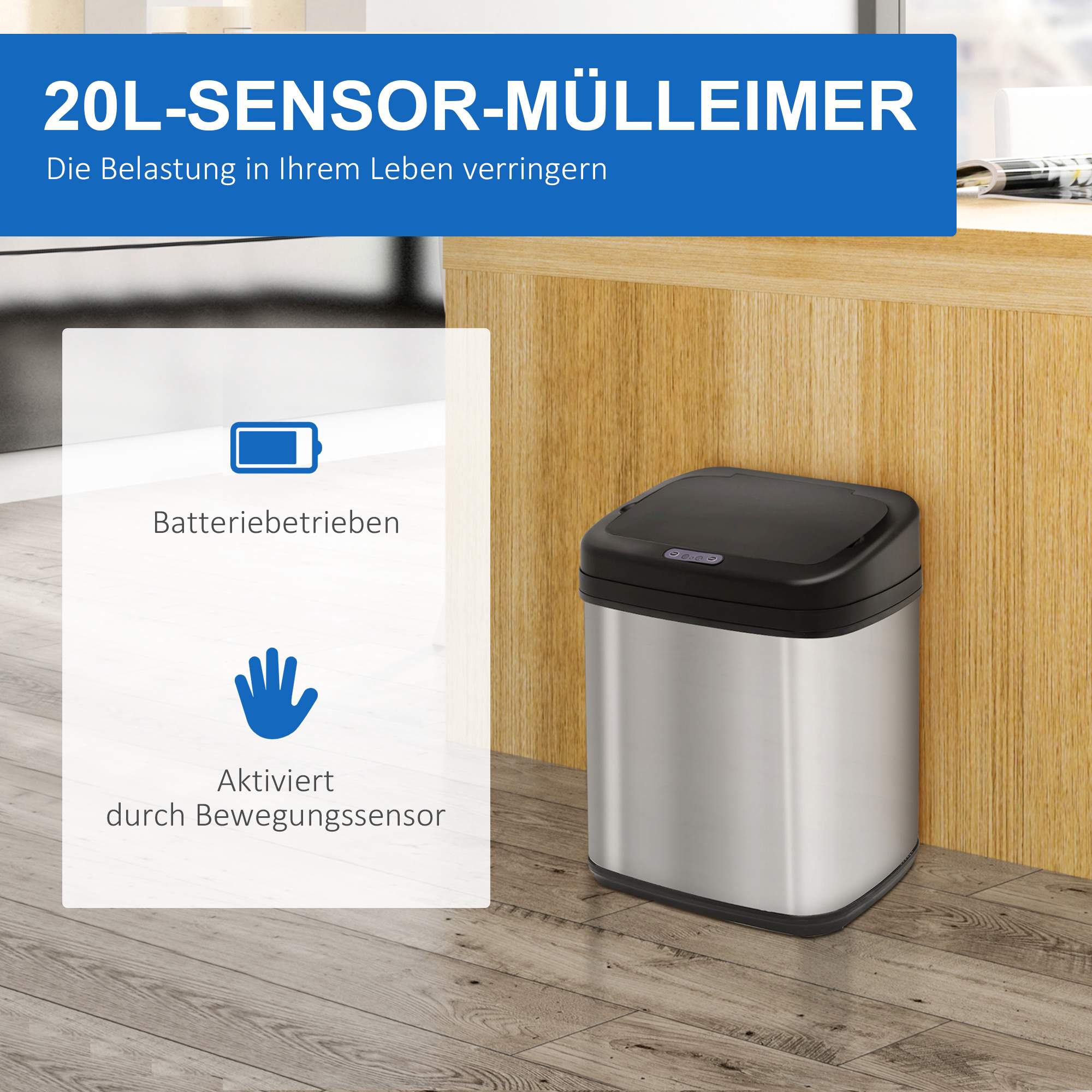 20L rostfri papperskorg med sensor – infraröd, batteridriven