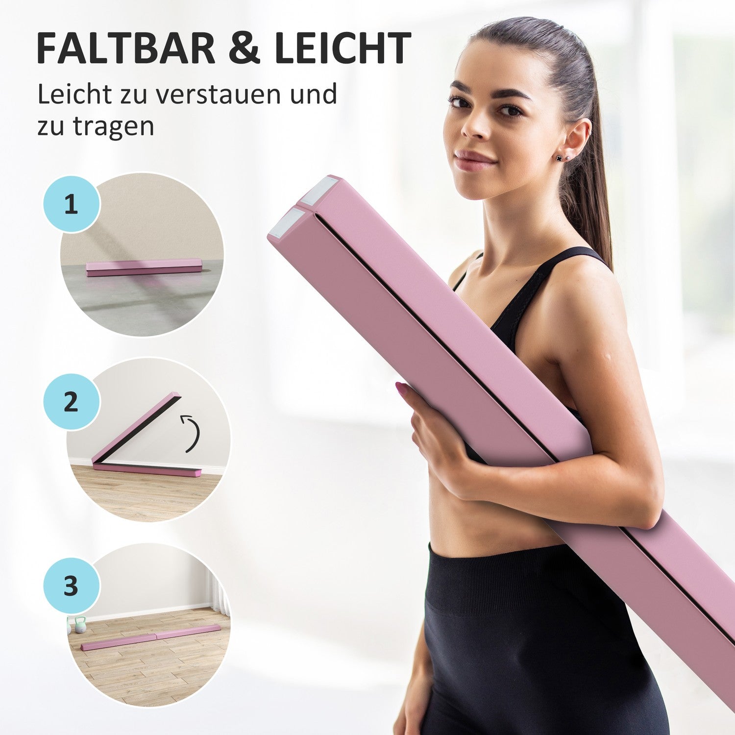 Bärbar 236 cm halkfri rosa gymnastikbalk för barn