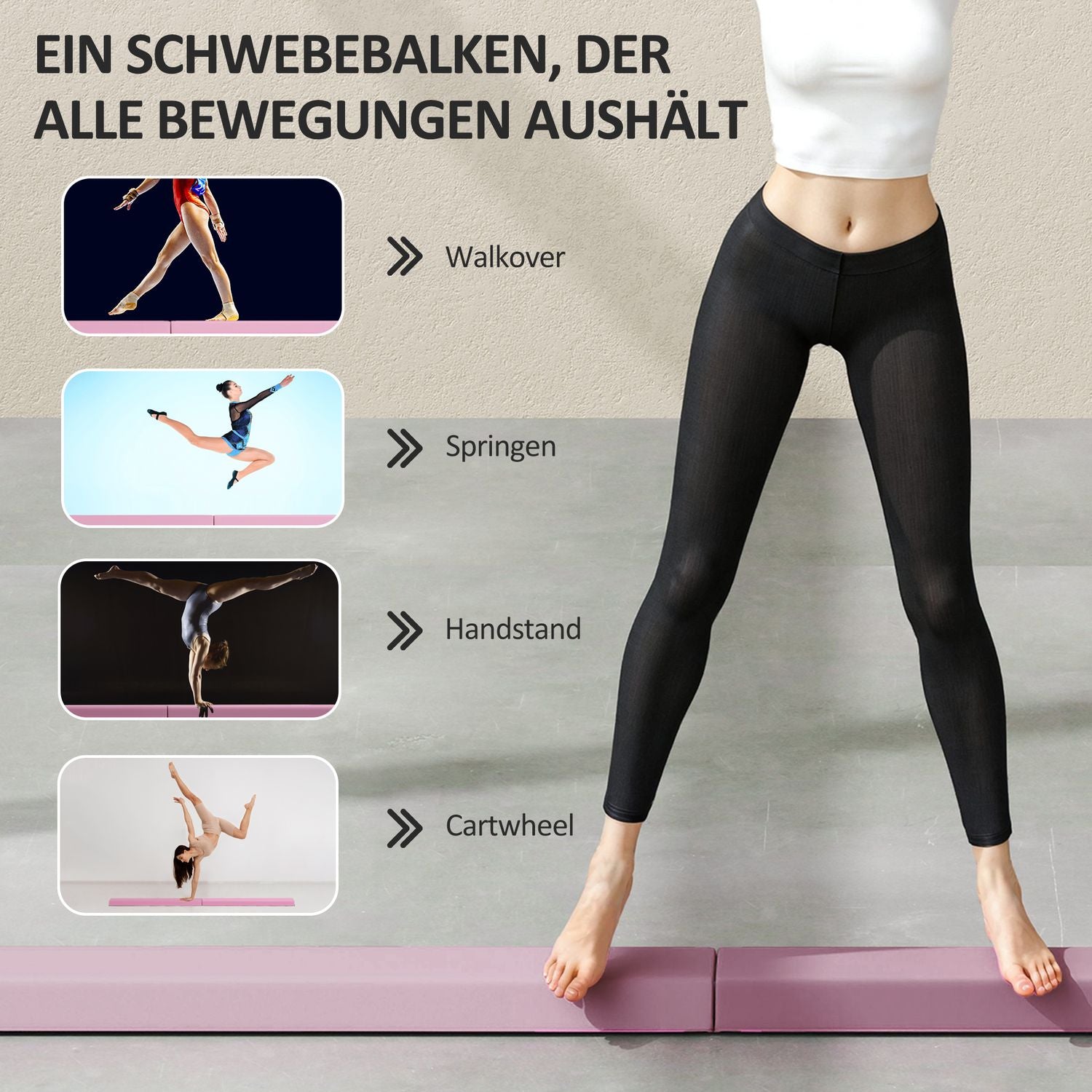 Bärbar 236 cm halkfri rosa gymnastikbalk för barn