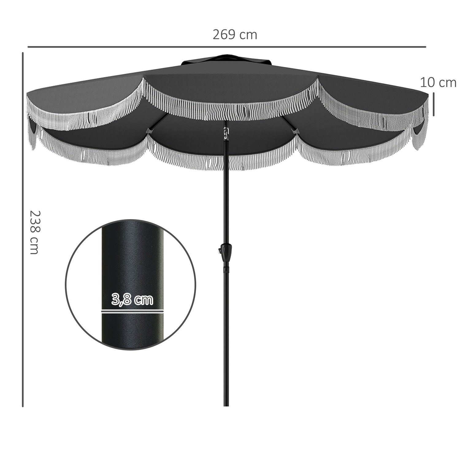 Ø269 cm vindtätt parasoll – UV 30+, mörkgrå