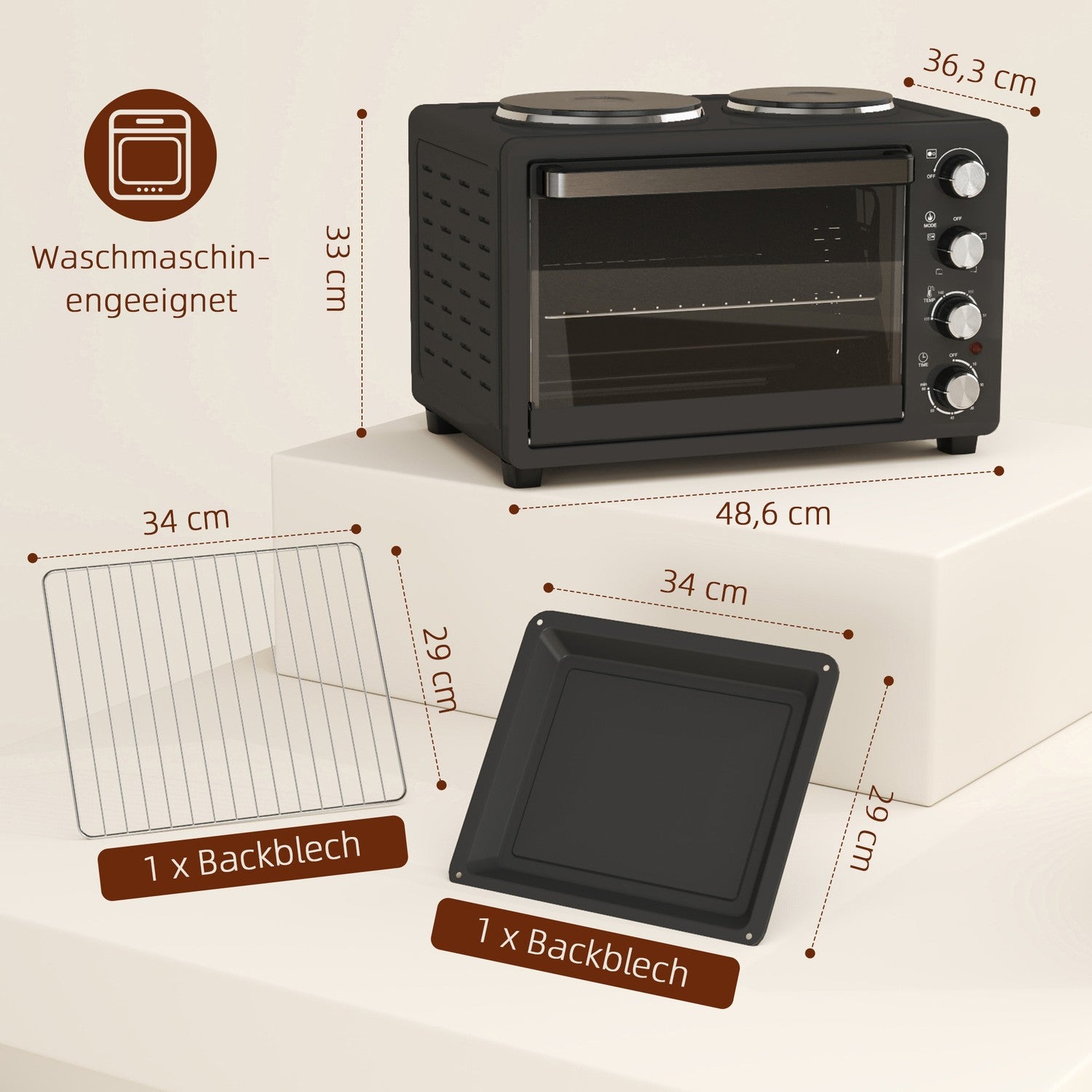 28L miniugn, 2600W, 60-min timer, dubbla värmeplattor