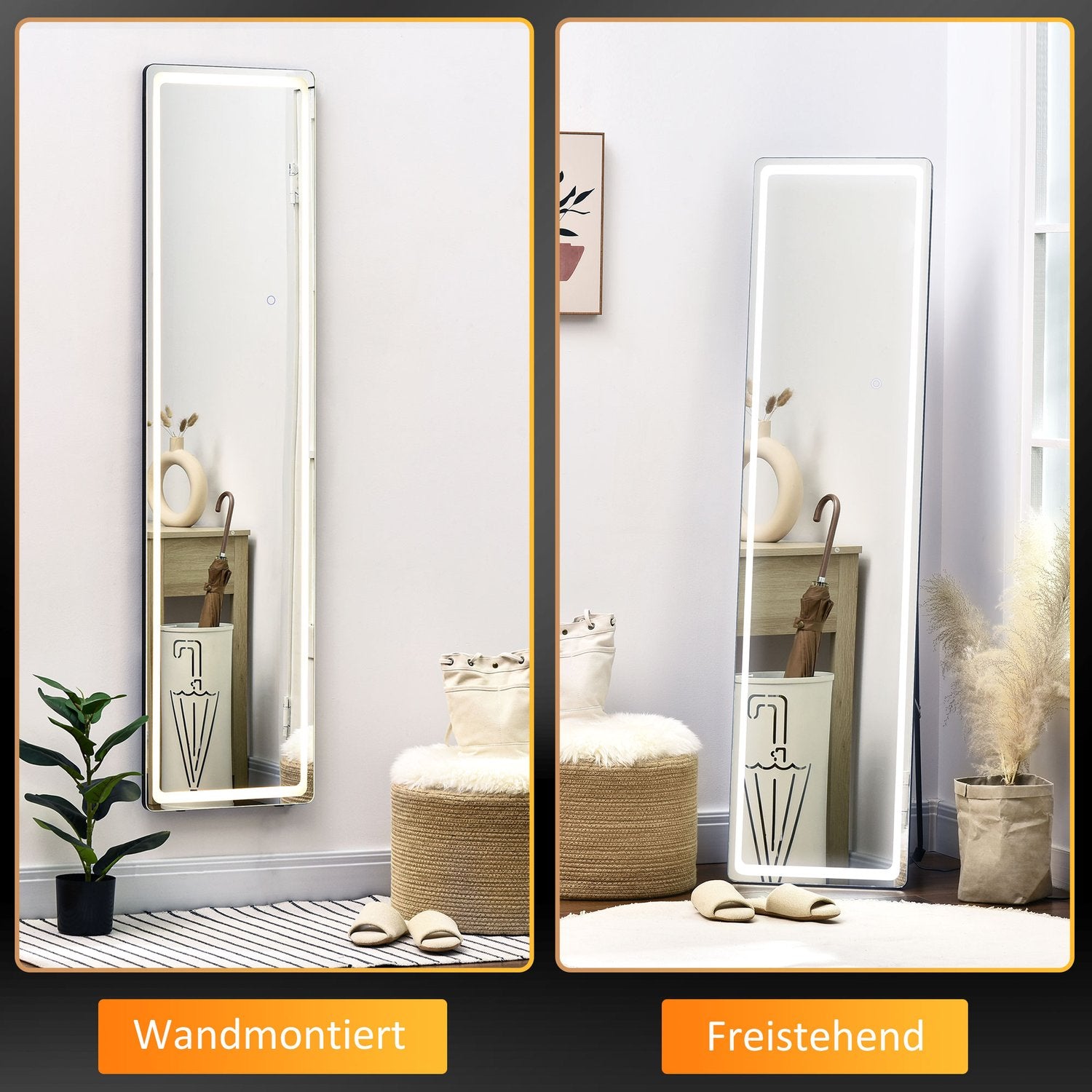 LED-stående spegel i full längd, smink och väggfäste, silver/svart