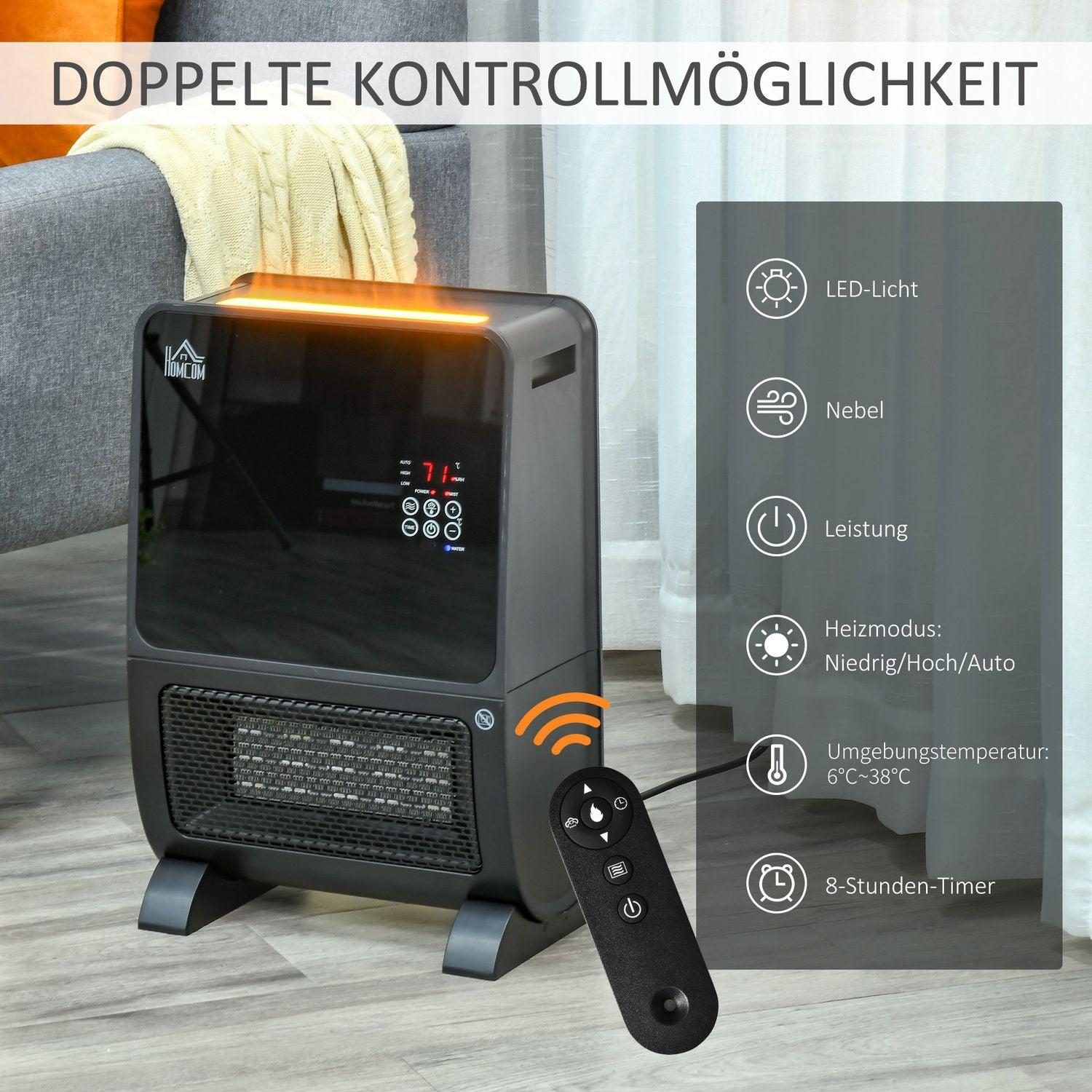 Elektrisk 2-i-1 värmefläkt och luftfuktare, fjärrkontroll, 2000W