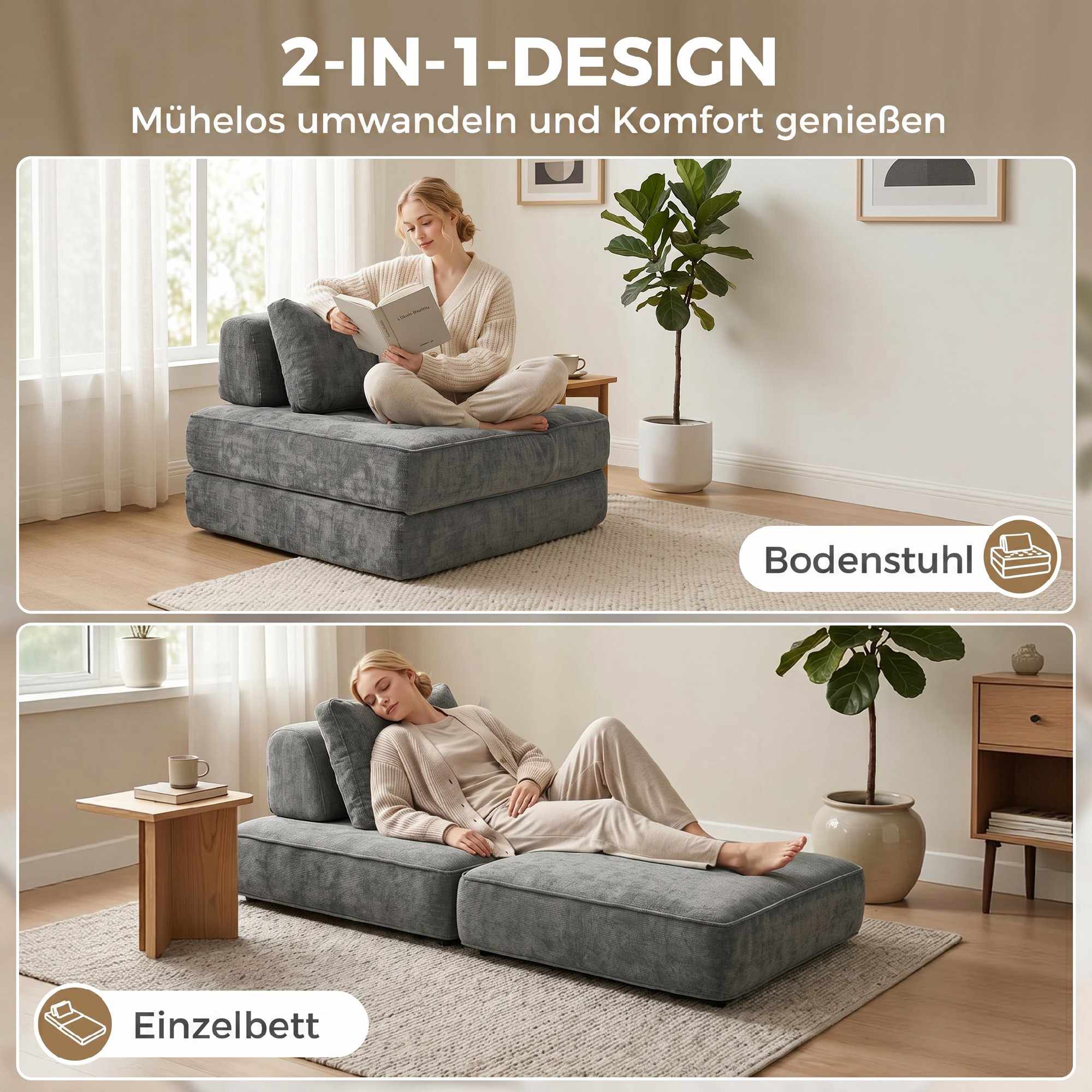 2-i-1 Konvertibel Chenille-golvfåtölj till enkelsäng, grå