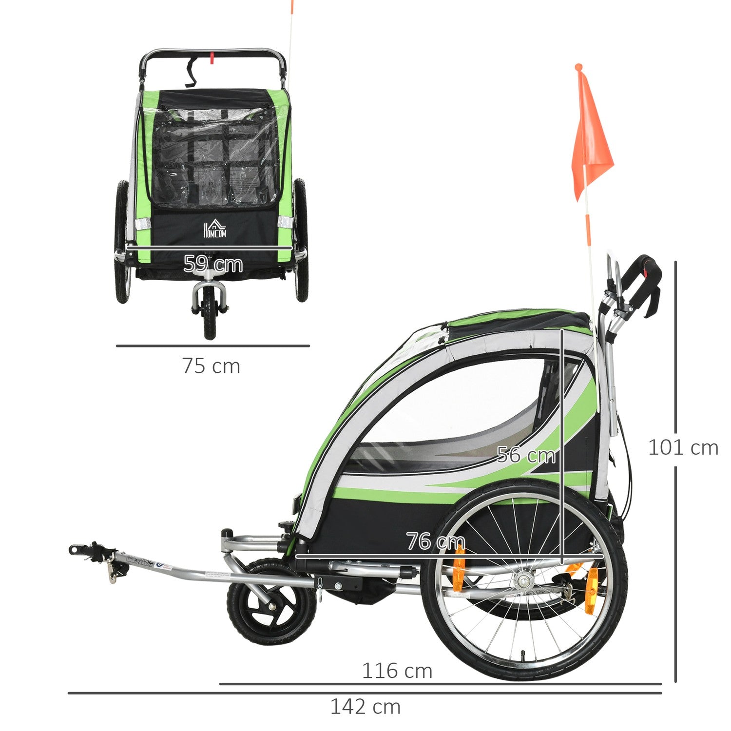 2-i-1 barncykelvagn, 360° roterande, passar 2 barn