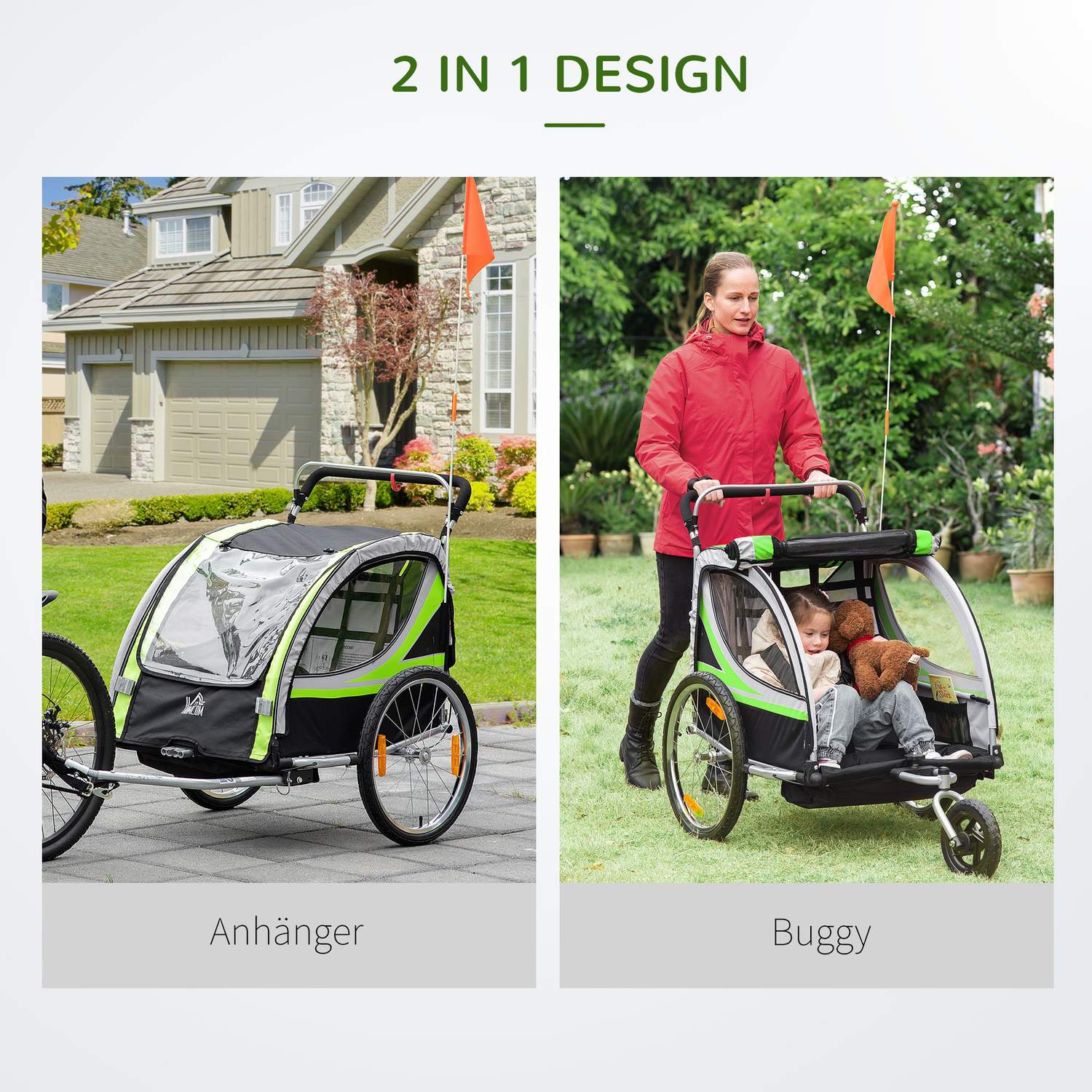 2-i-1 barncykelvagn, 360° roterande, passar 2 barn