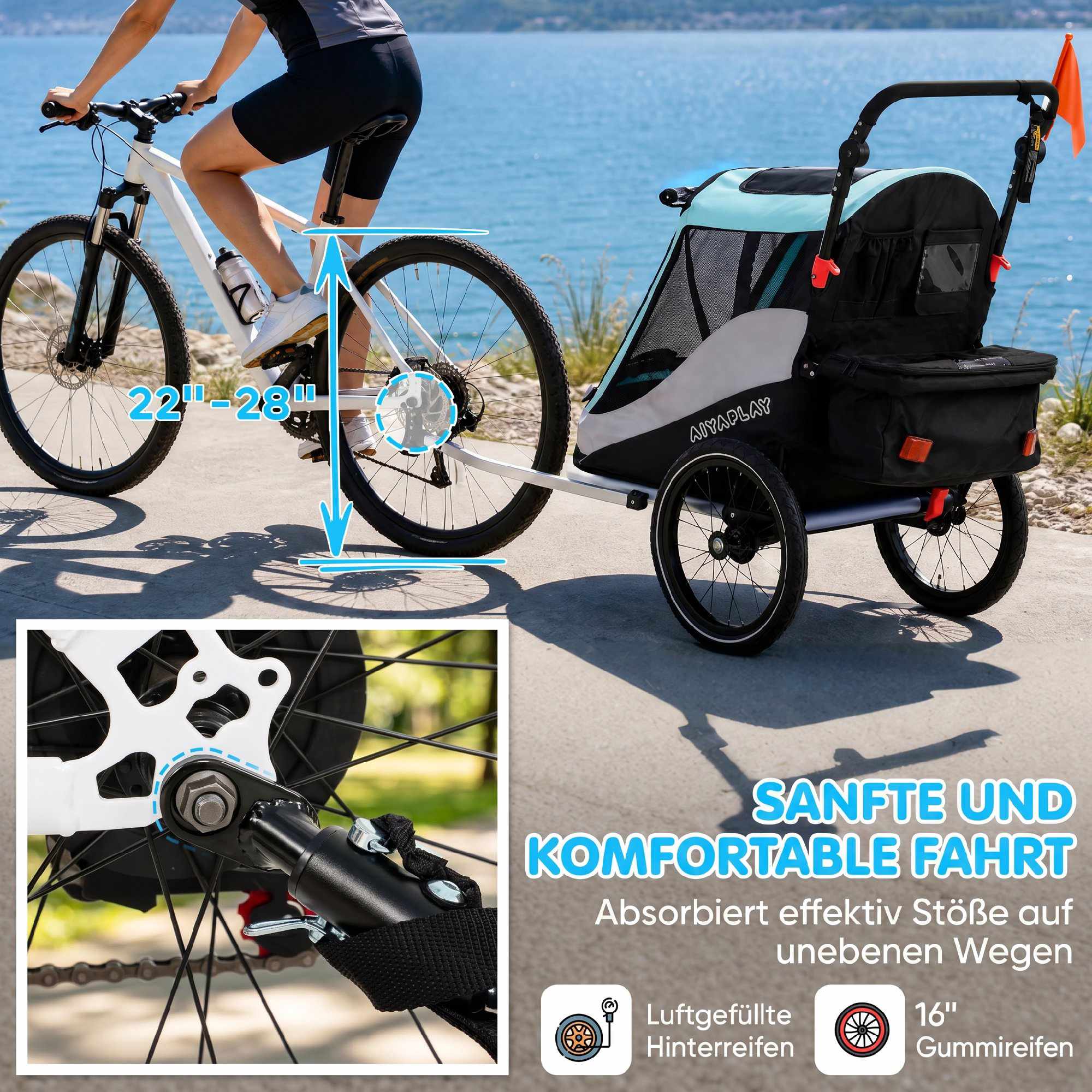 2-i-1 cykelkärra, hopfällbar, 16-tums luftdäck