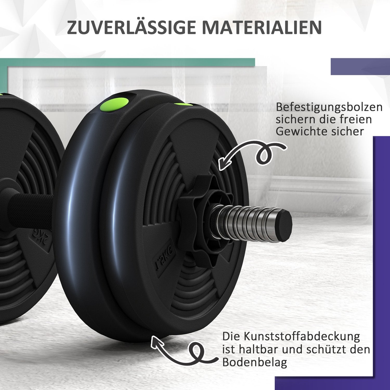 Justerbar hantelsats, 15 kg, 2-i-1, golvvänlig