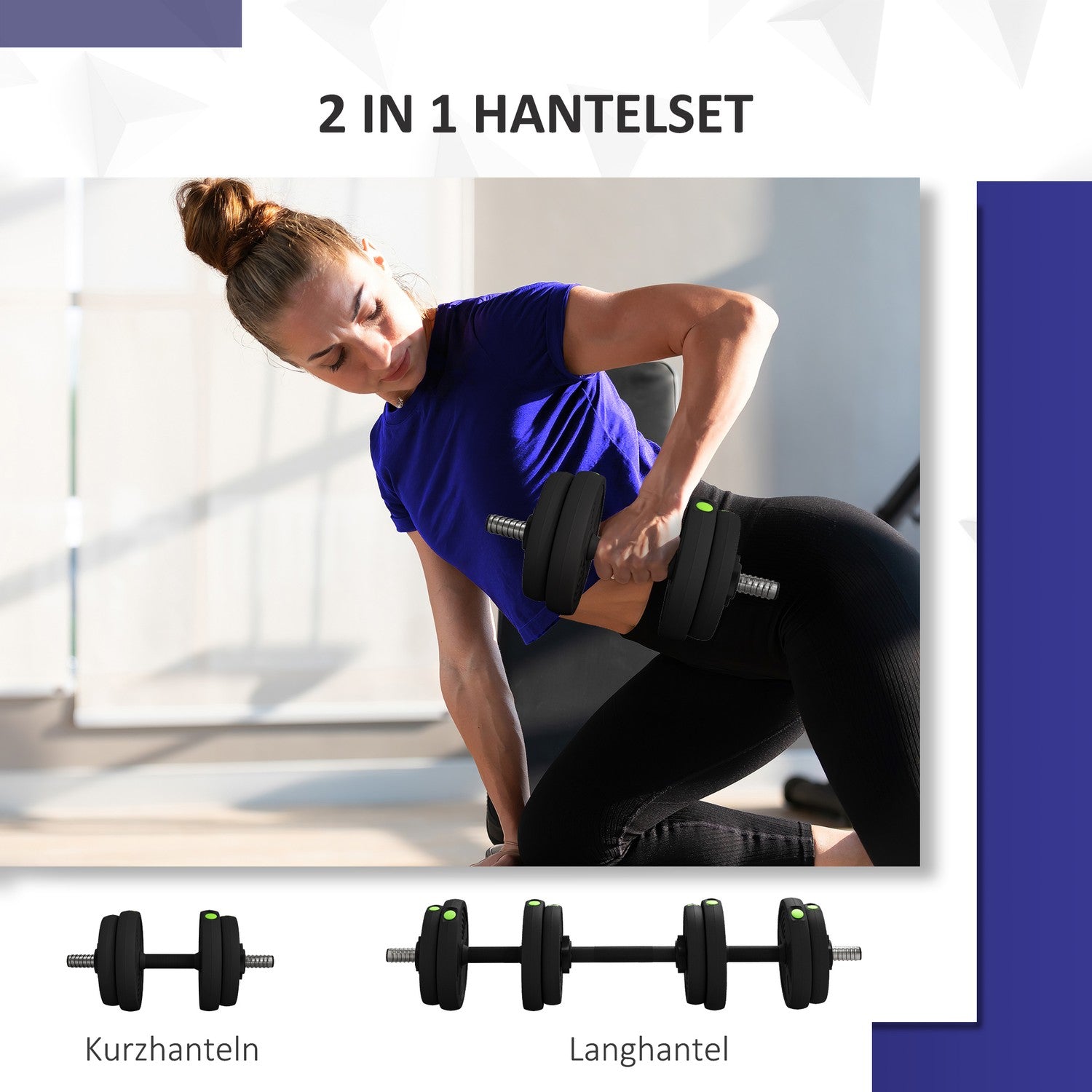 Justerbar hantelsats, 15 kg, 2-i-1, golvvänlig