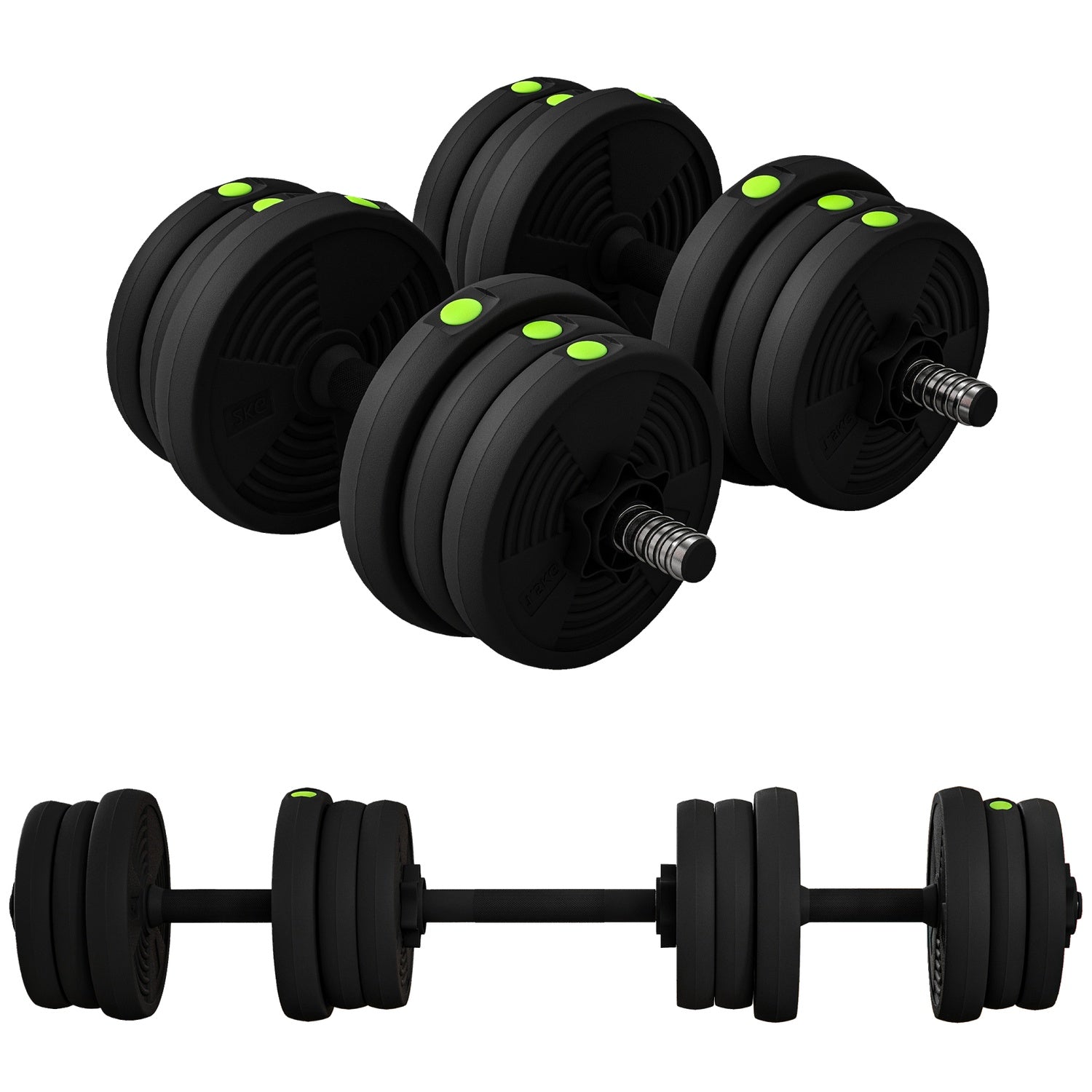2-i-1 hantelset, skivstång och hantel, 20 kg, halkfri
