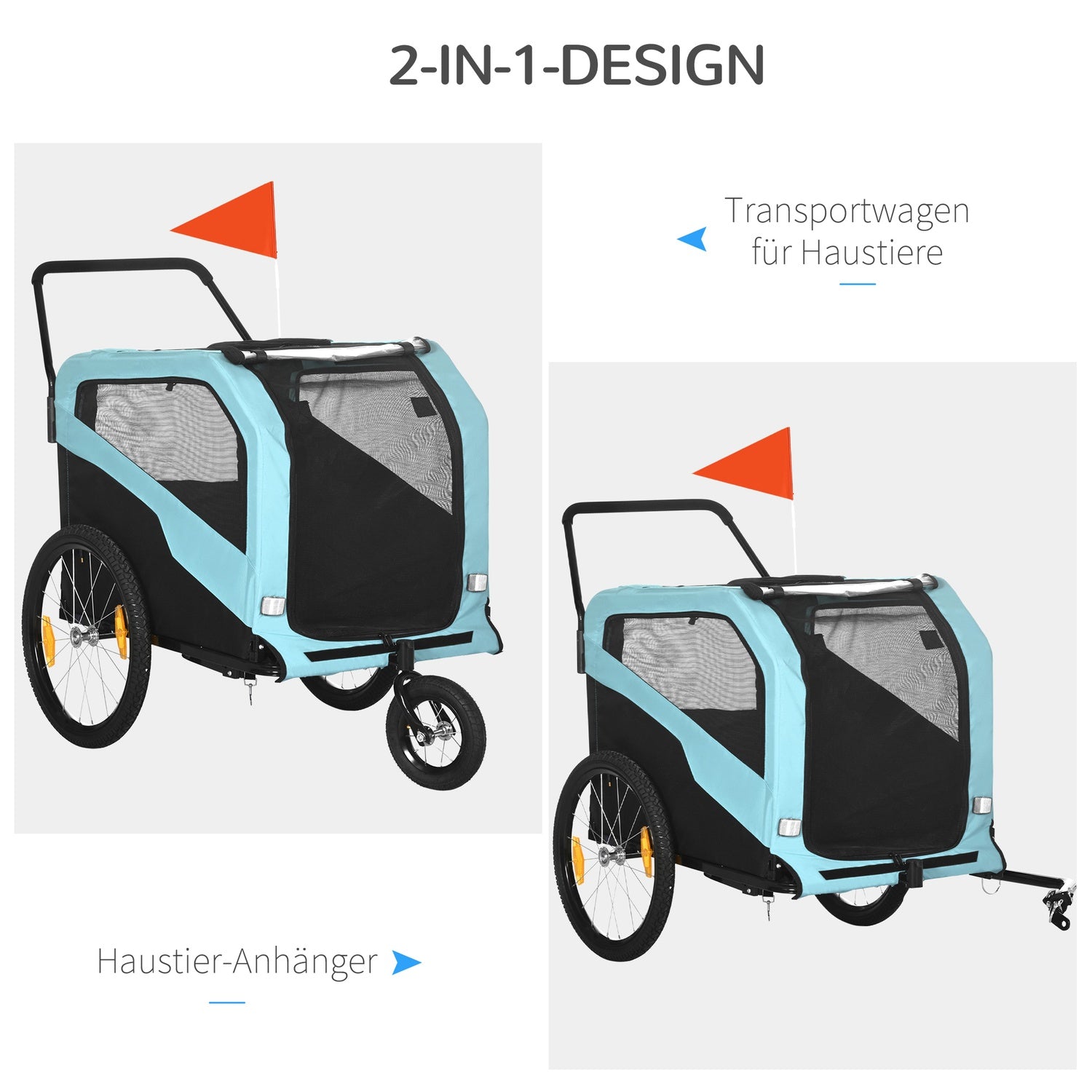 2-i-1 hundcykelvagn & barnvagn, reflekterande, blå