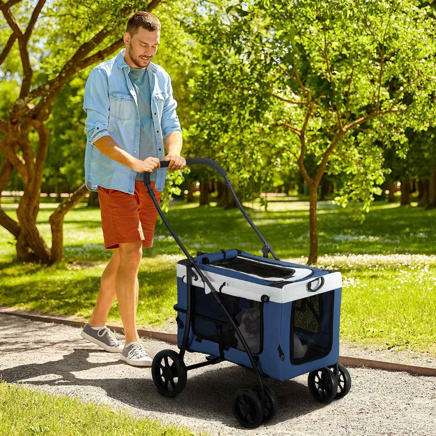 2-i-1 hundvagn med löstagbar korg, blå