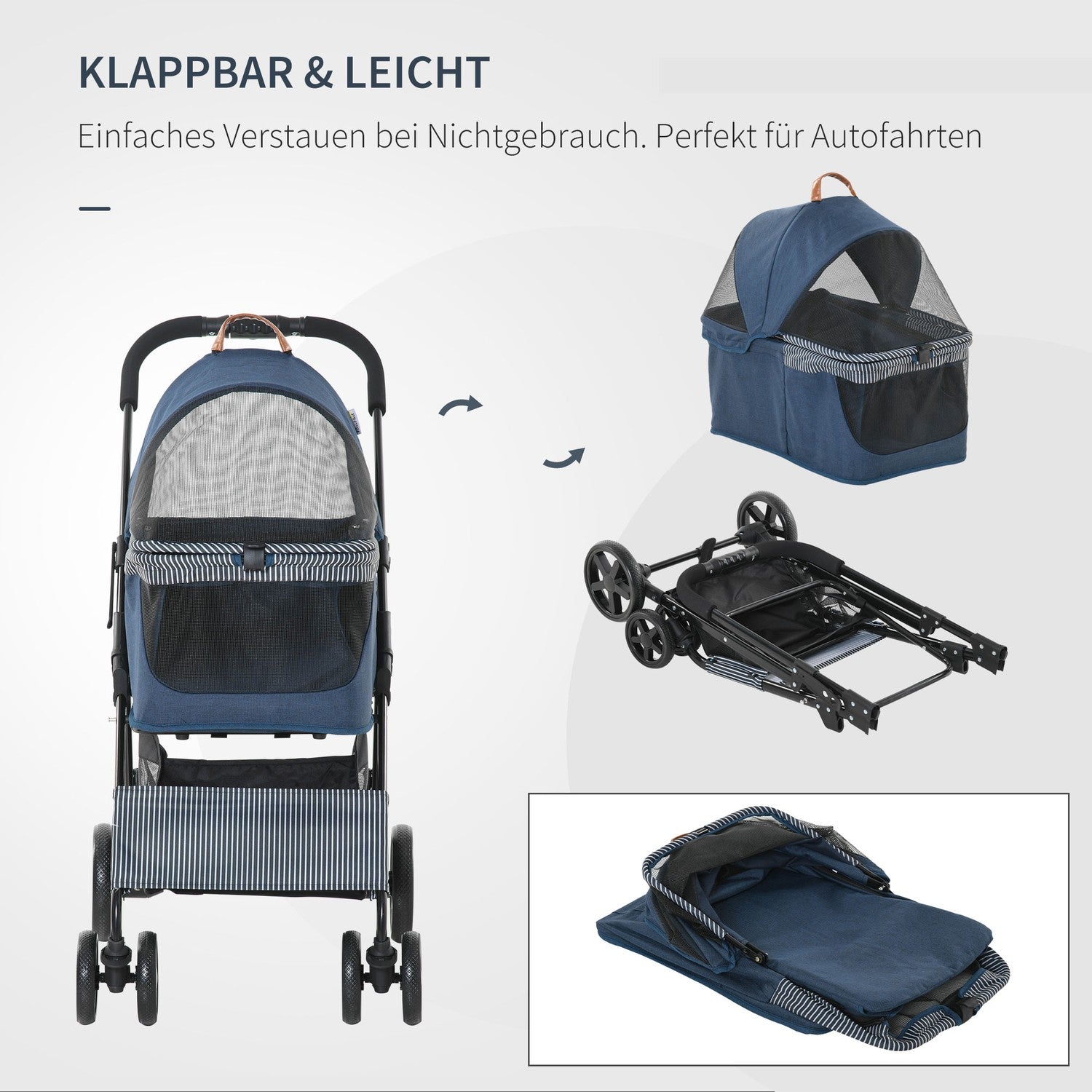 2-i-1 husdjursvagn med avtagbart överdrag, mörkblå
