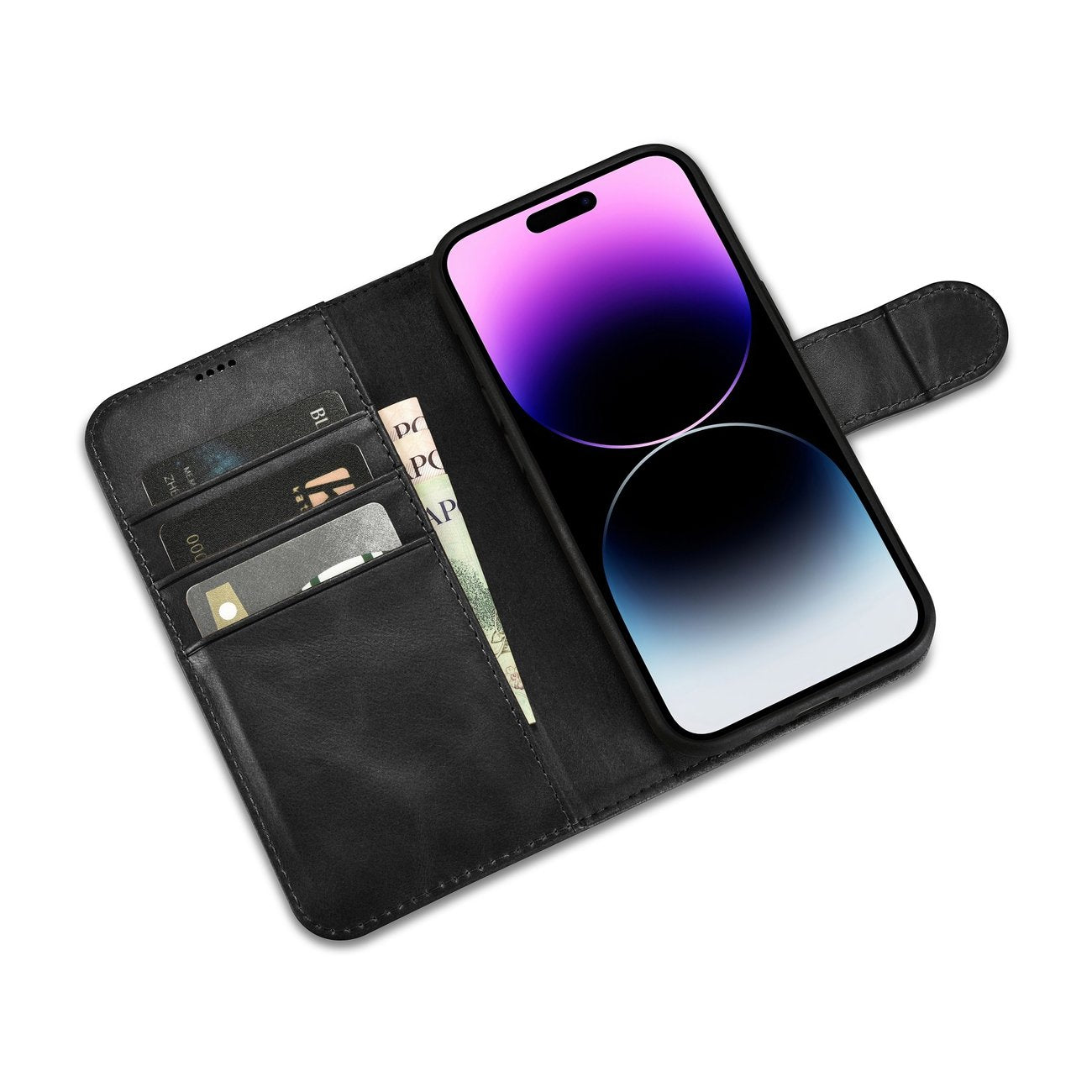 2-i-1 läder Flip Cover iPhone 14 Pro Anti-RFID Oil Wax Plånboksfodral Svart