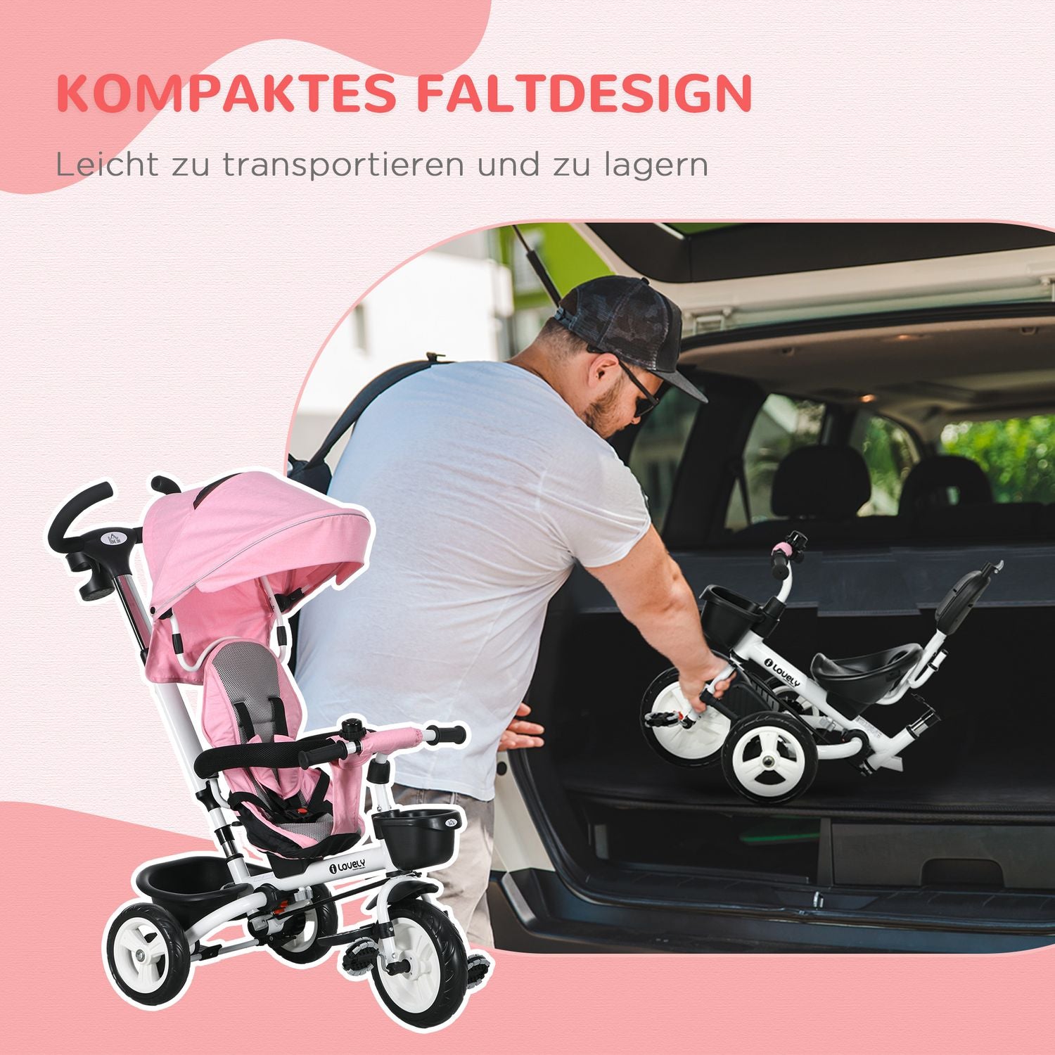 2-i-1 rosa trehjuling med kapell, säkerhetsbälte och korg