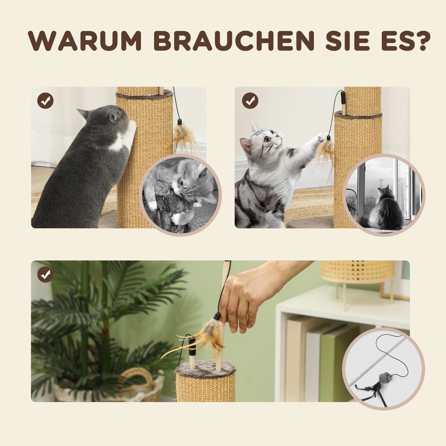 Inomhus 78 cm Jute Cat Scratching Post med fjäder
