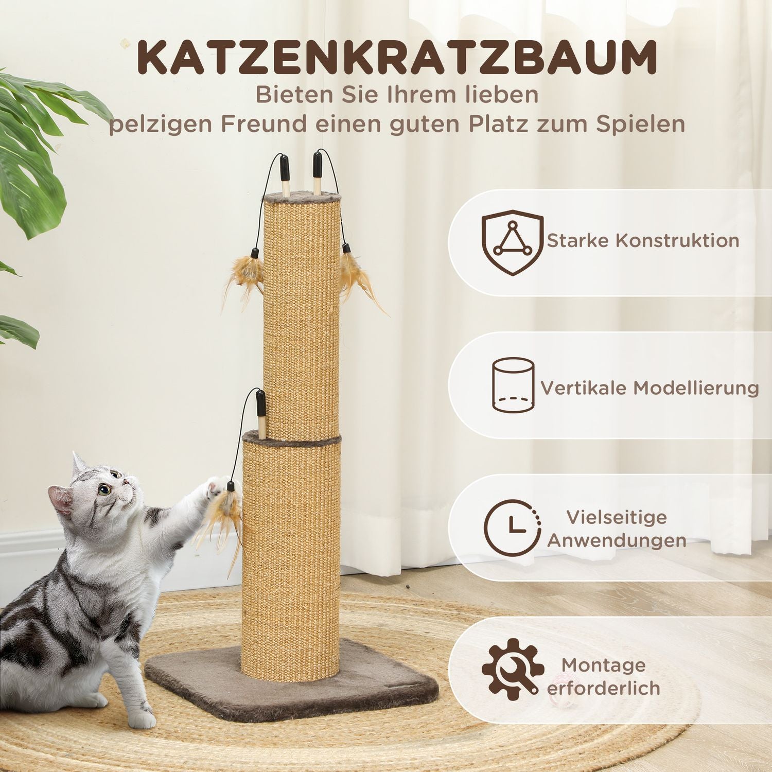Inomhus 78 cm Jute Cat Scratching Post med fjäder