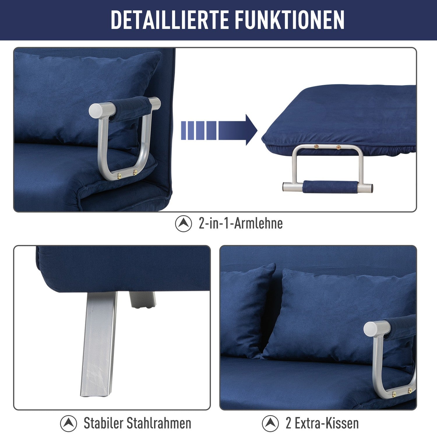 2-sits bäddsoffa i sammetslook, blå klädsel, justerbar rygg