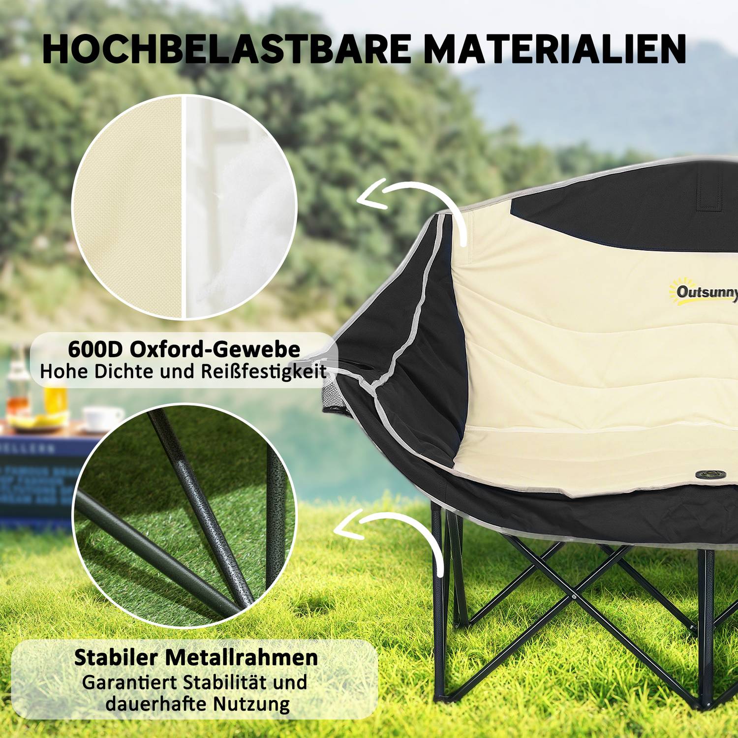 2-sits hopfällbar campingstol med mugghållare, kapacitet 250 kg