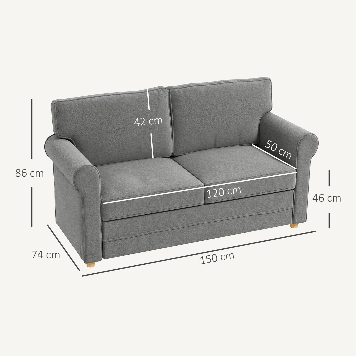 2-sits soffa, kompakt vardagsrumssoffa, tyg i linnelook, mjuka sittdynor, stålram, mörkgrå