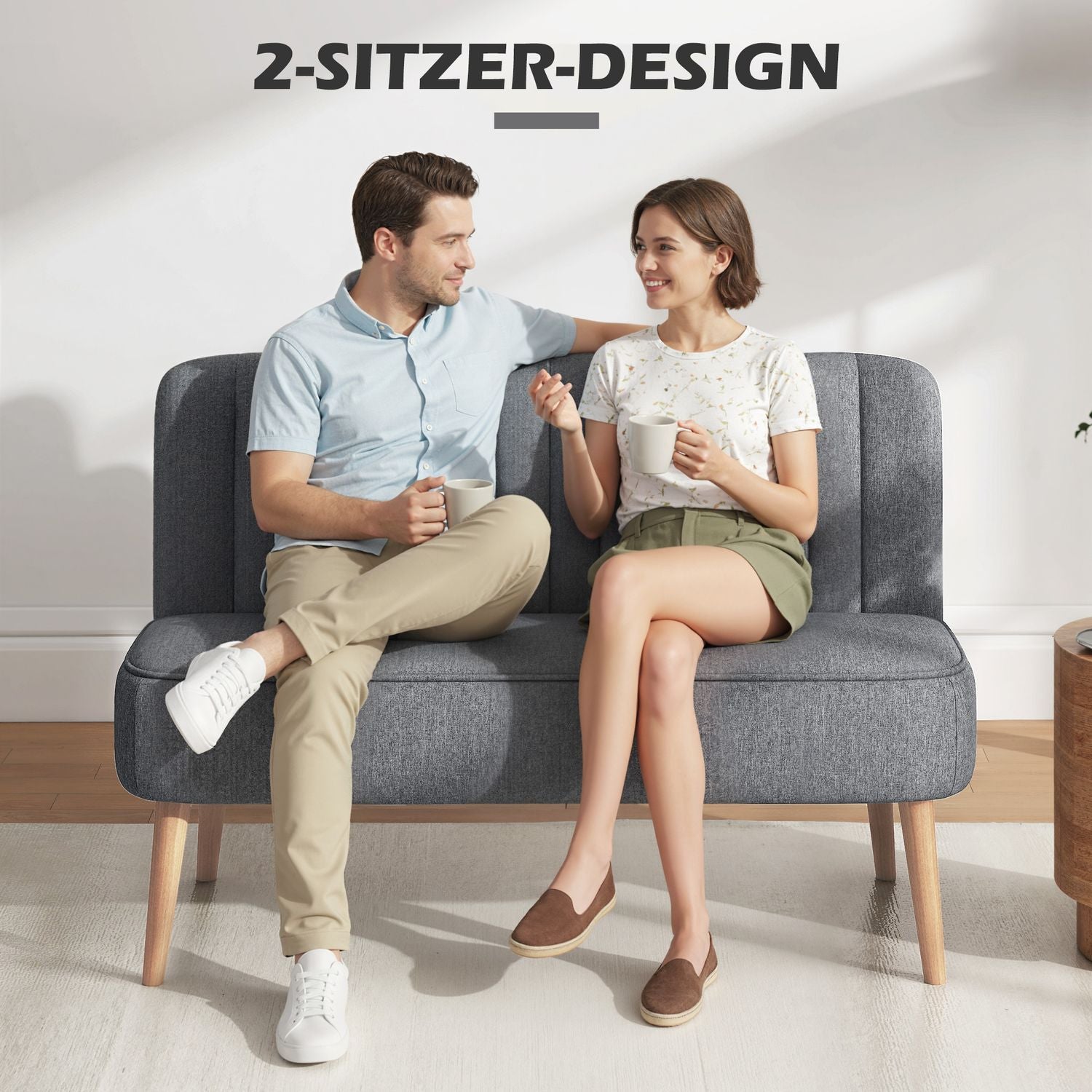 2-sitssoffa, linne-look, träram, 117 cm, grå