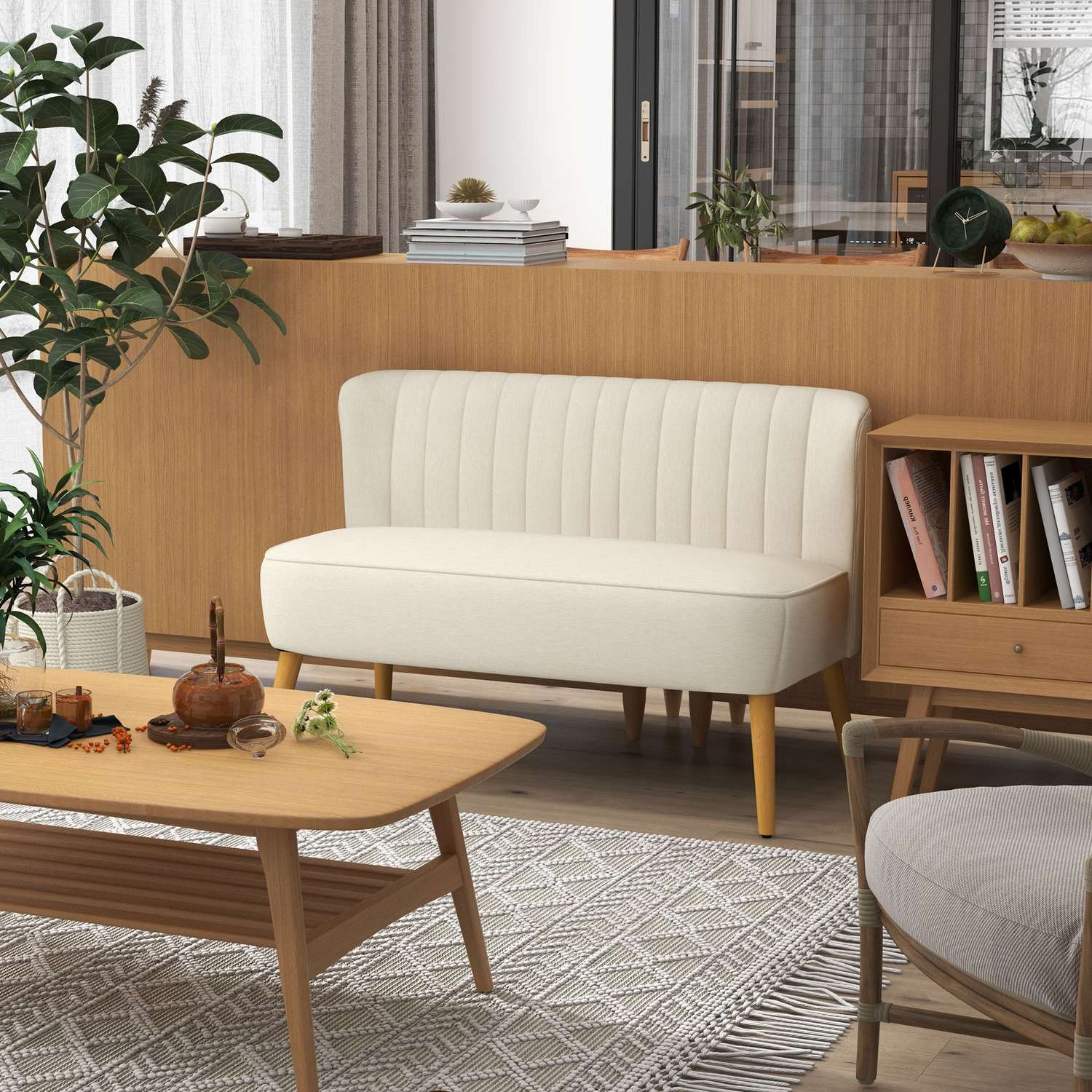 Gräddvit 2-sits soffa med träben, linnelook