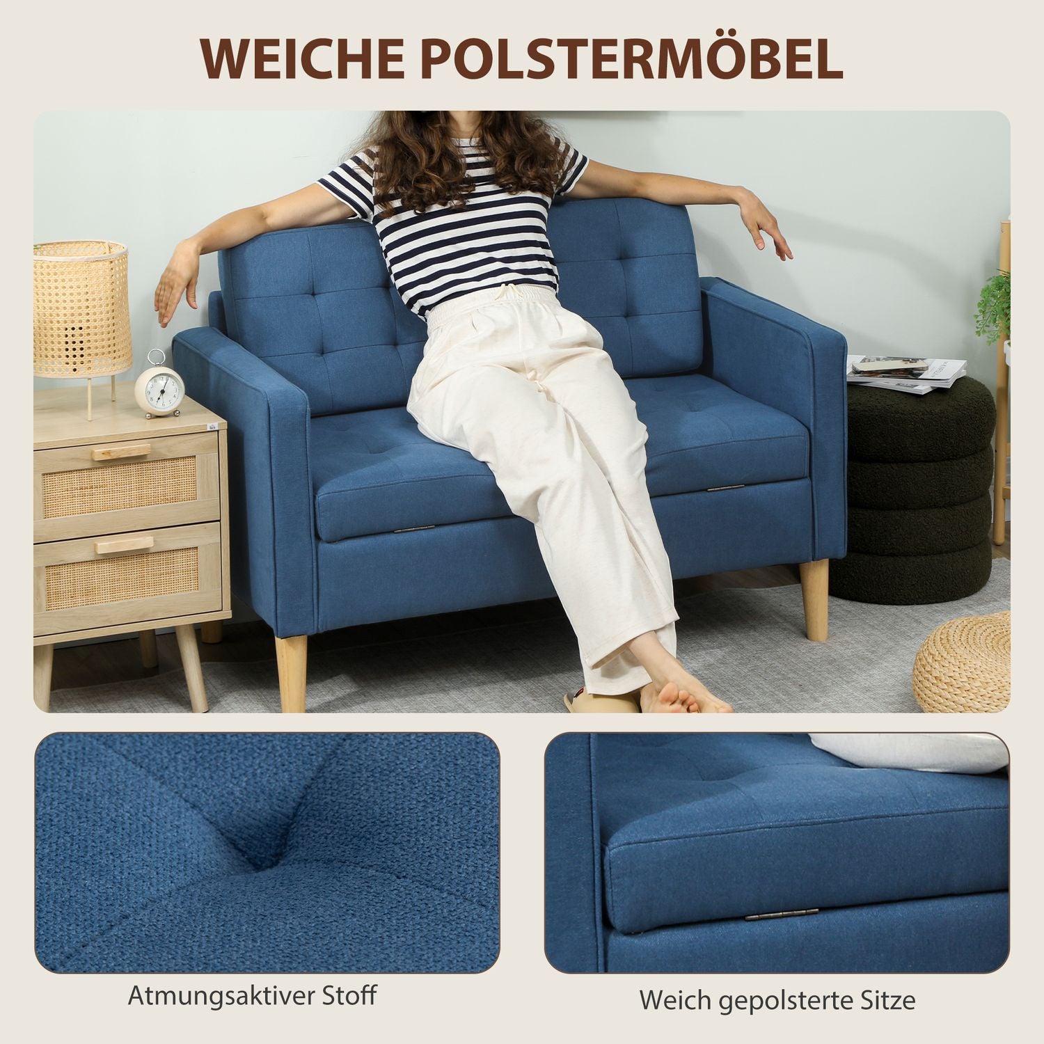 2-sits soffa med förvaring, blå sammet, kompakt design