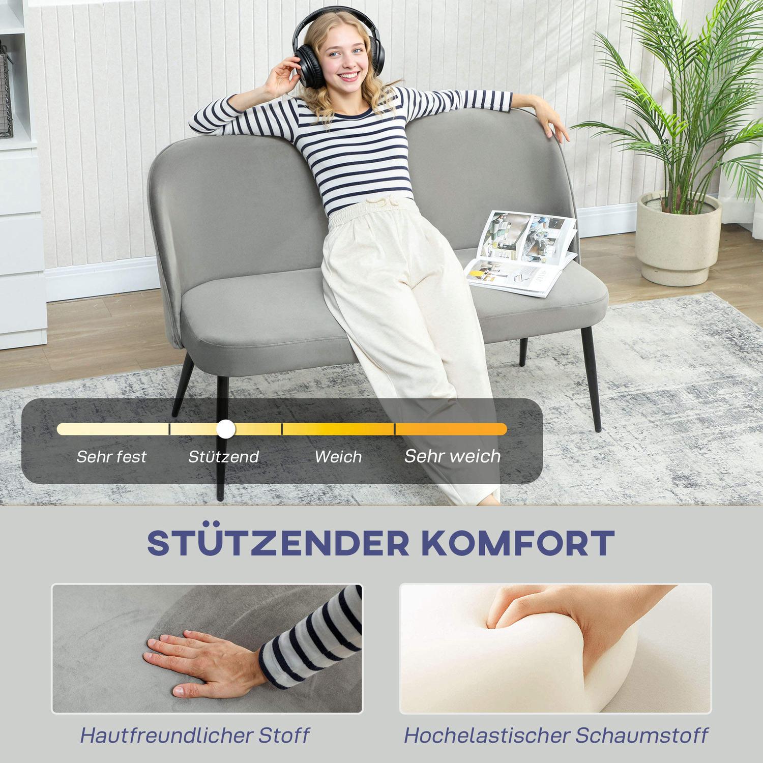 2-sitssoffa, sammetstyg, metall- och träram, grå