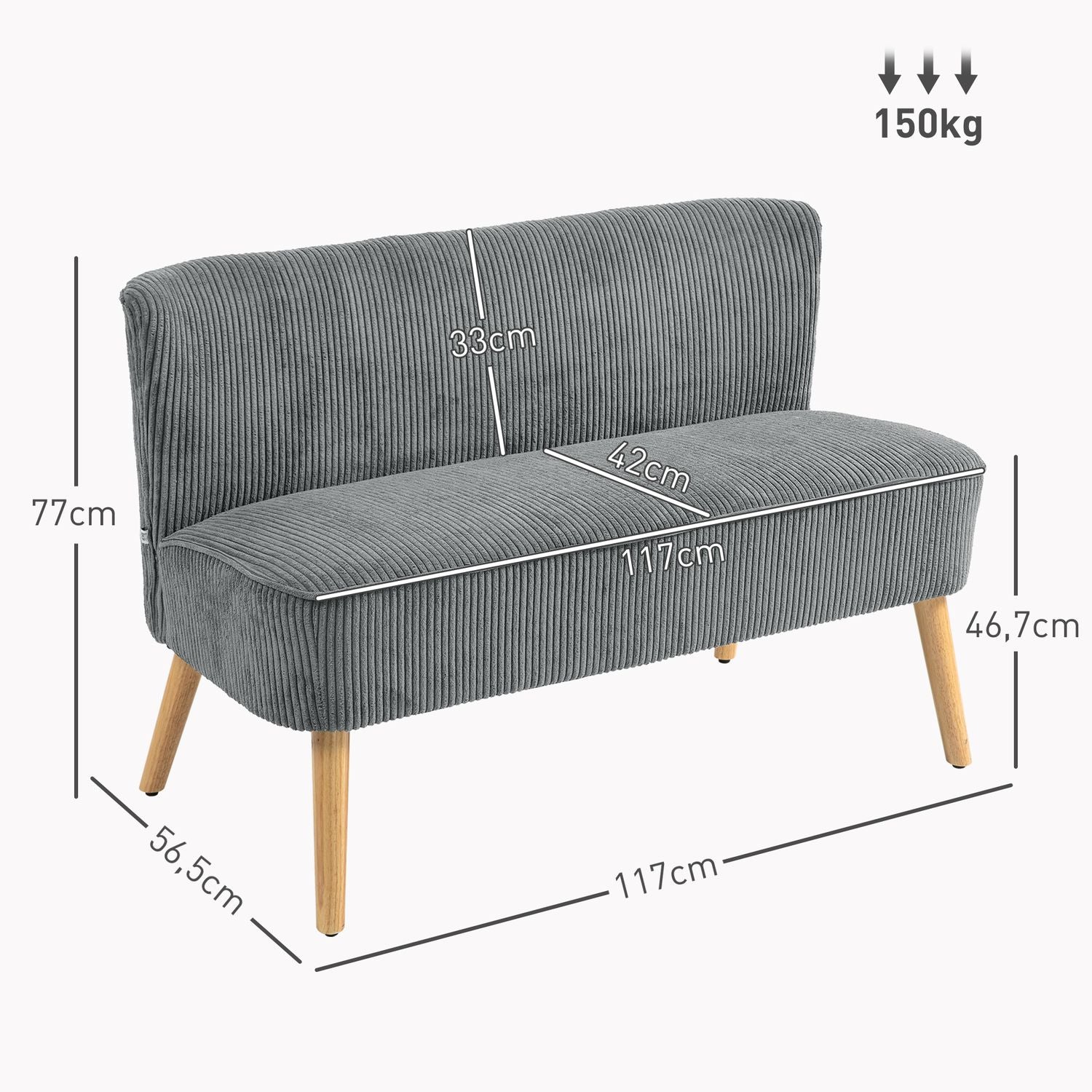 2-sits grå manchestersoffa, träben, vadderad klädsel