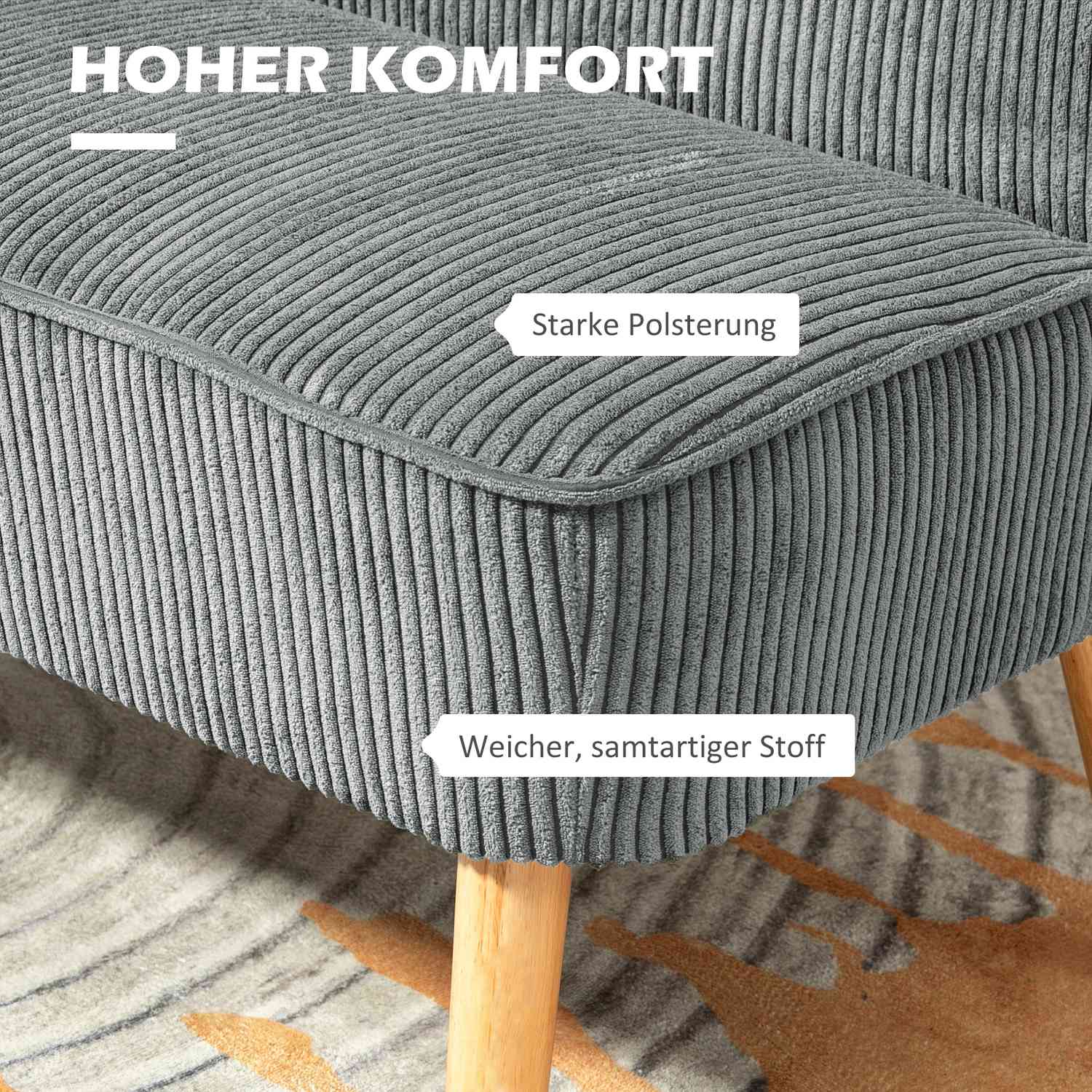 2-sits grå manchestersoffa, träben, vadderad klädsel