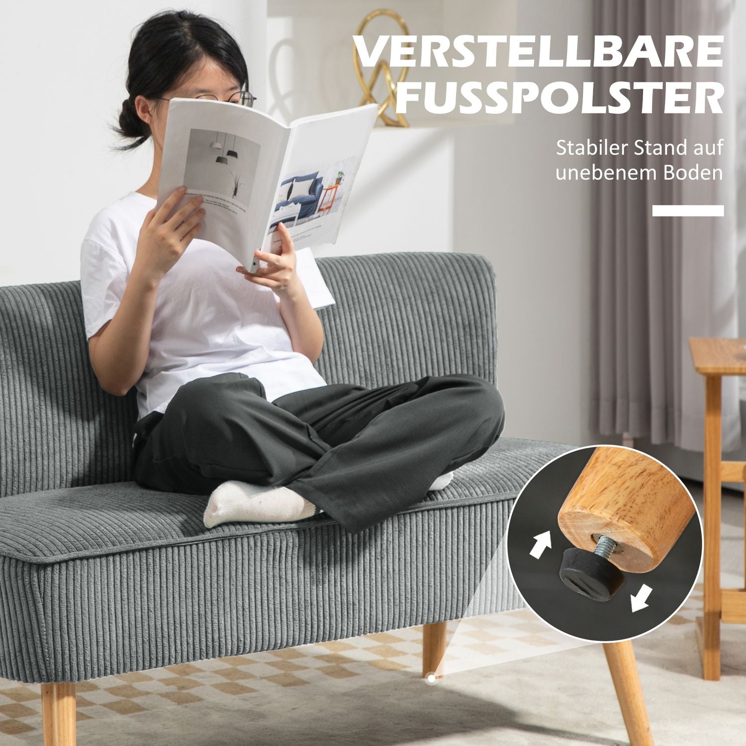 2-sits grå manchestersoffa, träben, vadderad klädsel