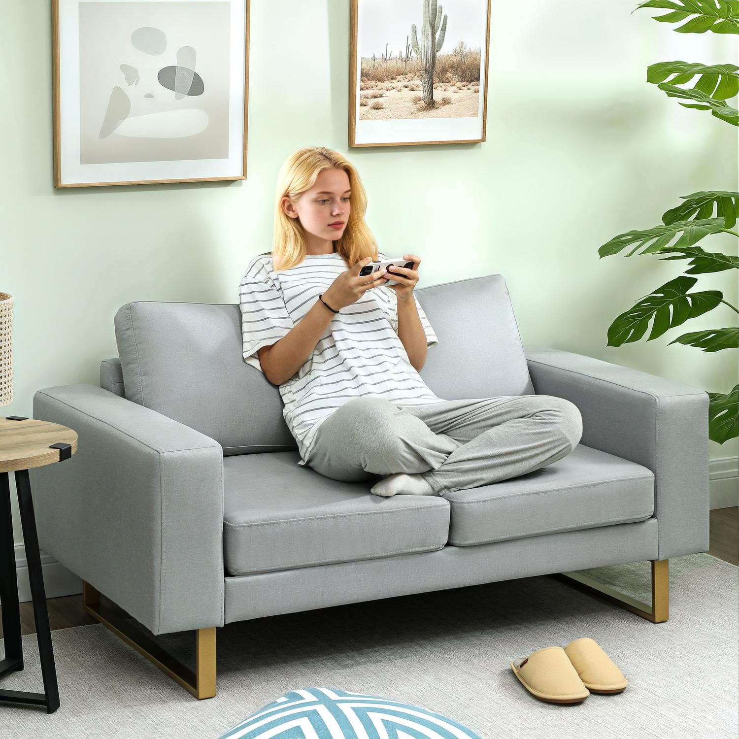 2-sits soffa, soffa med massiv träram, metallben, enkel design, ljusgrå