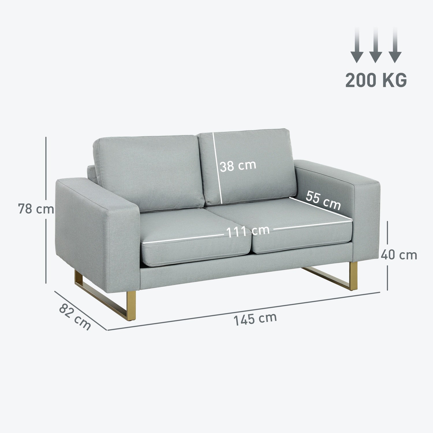 2-sits soffa, soffa med massiv träram, metallben, enkel design, ljusgrå