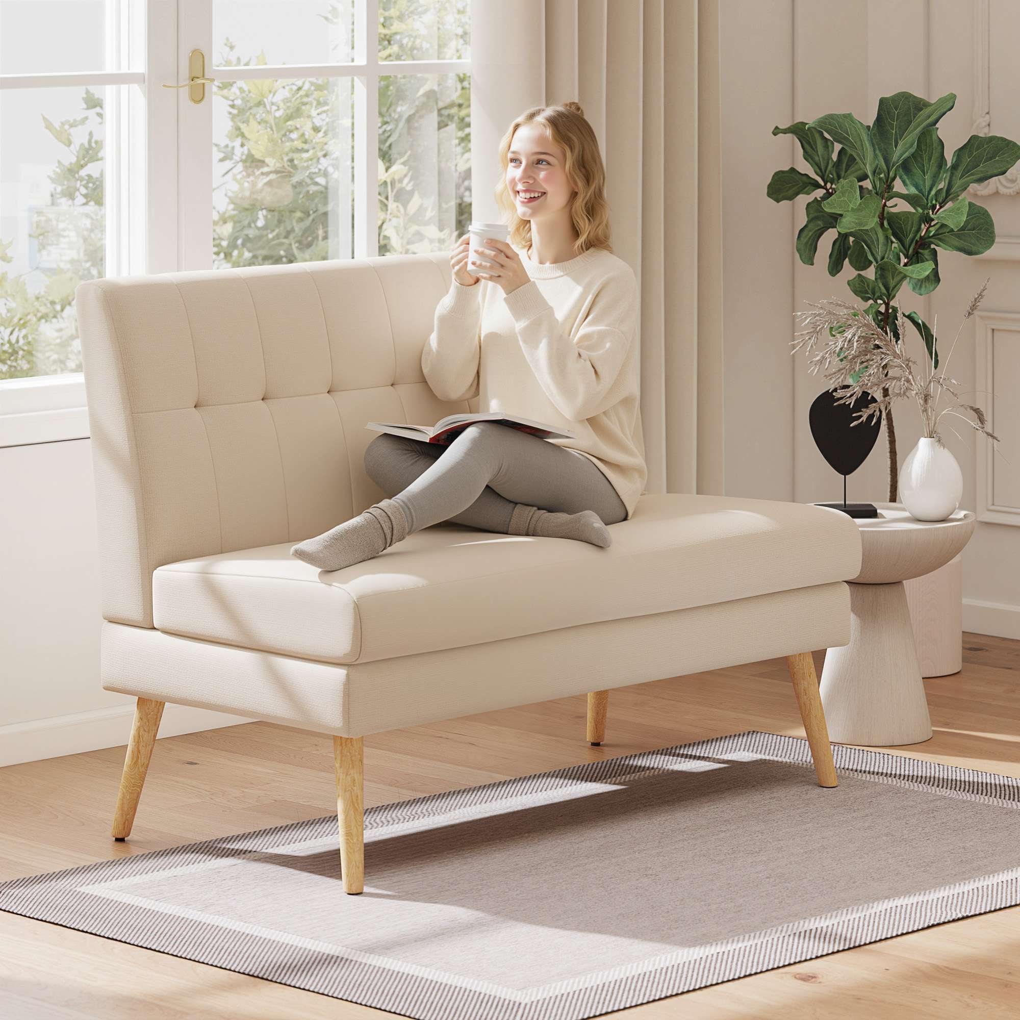 2-sitssoffa, tuftad rygg, träben, linne-look, beige