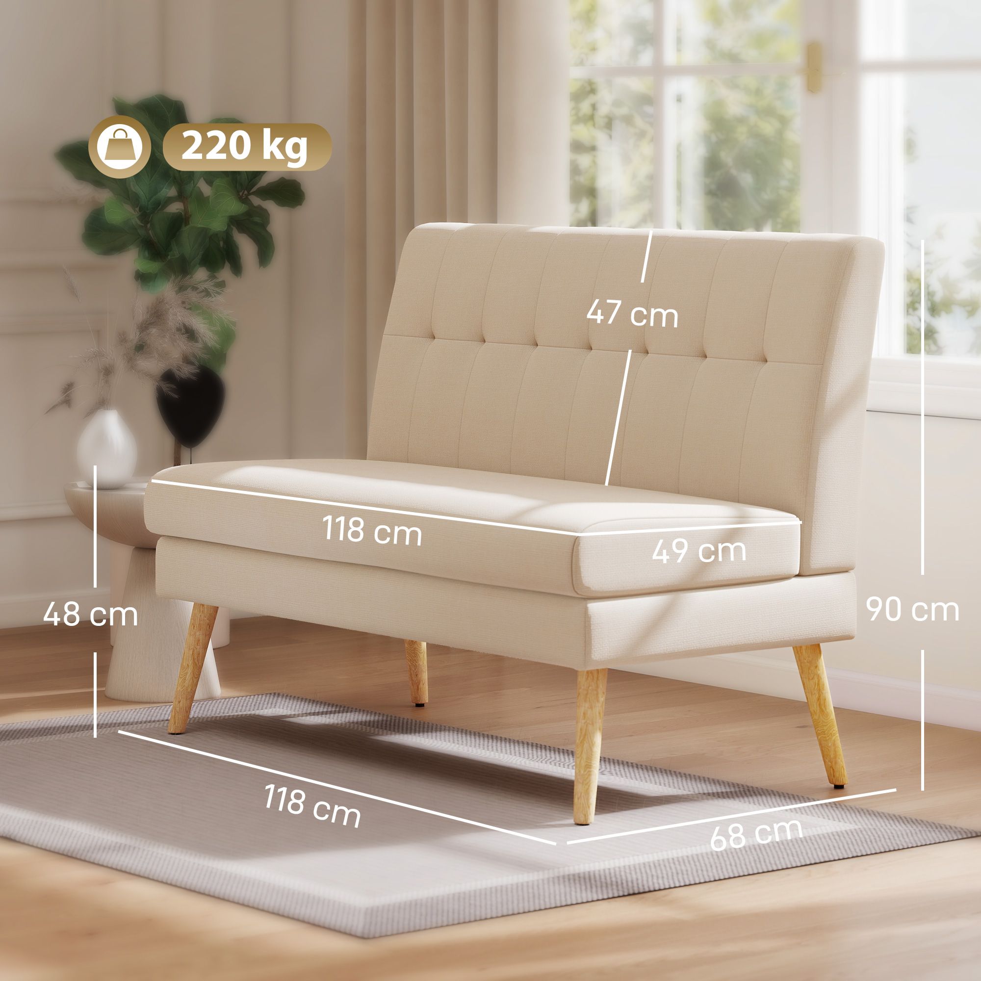2-sitssoffa, tuftad rygg, träben, linne-look, beige